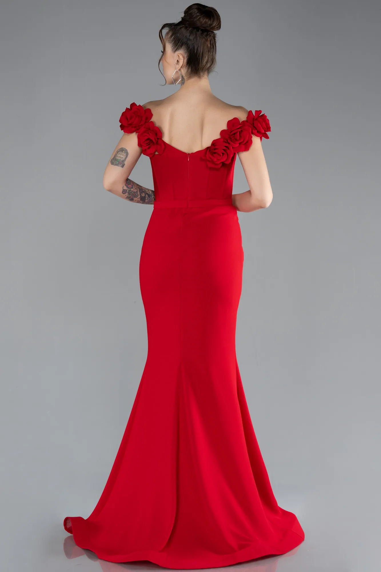 Red-Floral Boat Neck Slit Long Evening Gown ABU4387