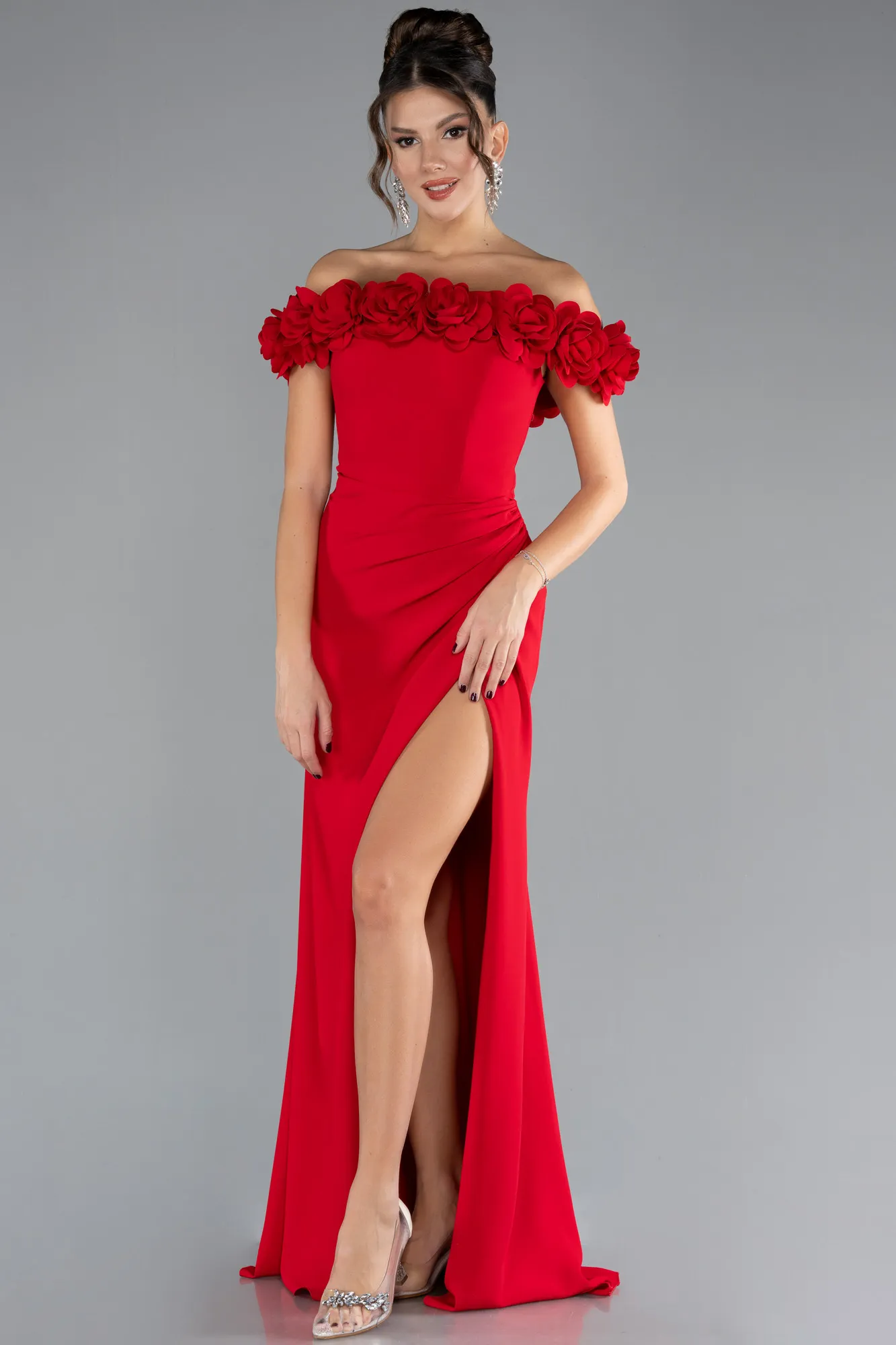 Red-Floral Boat Neck Slit Long Mermaid Evening Gown ABU4335