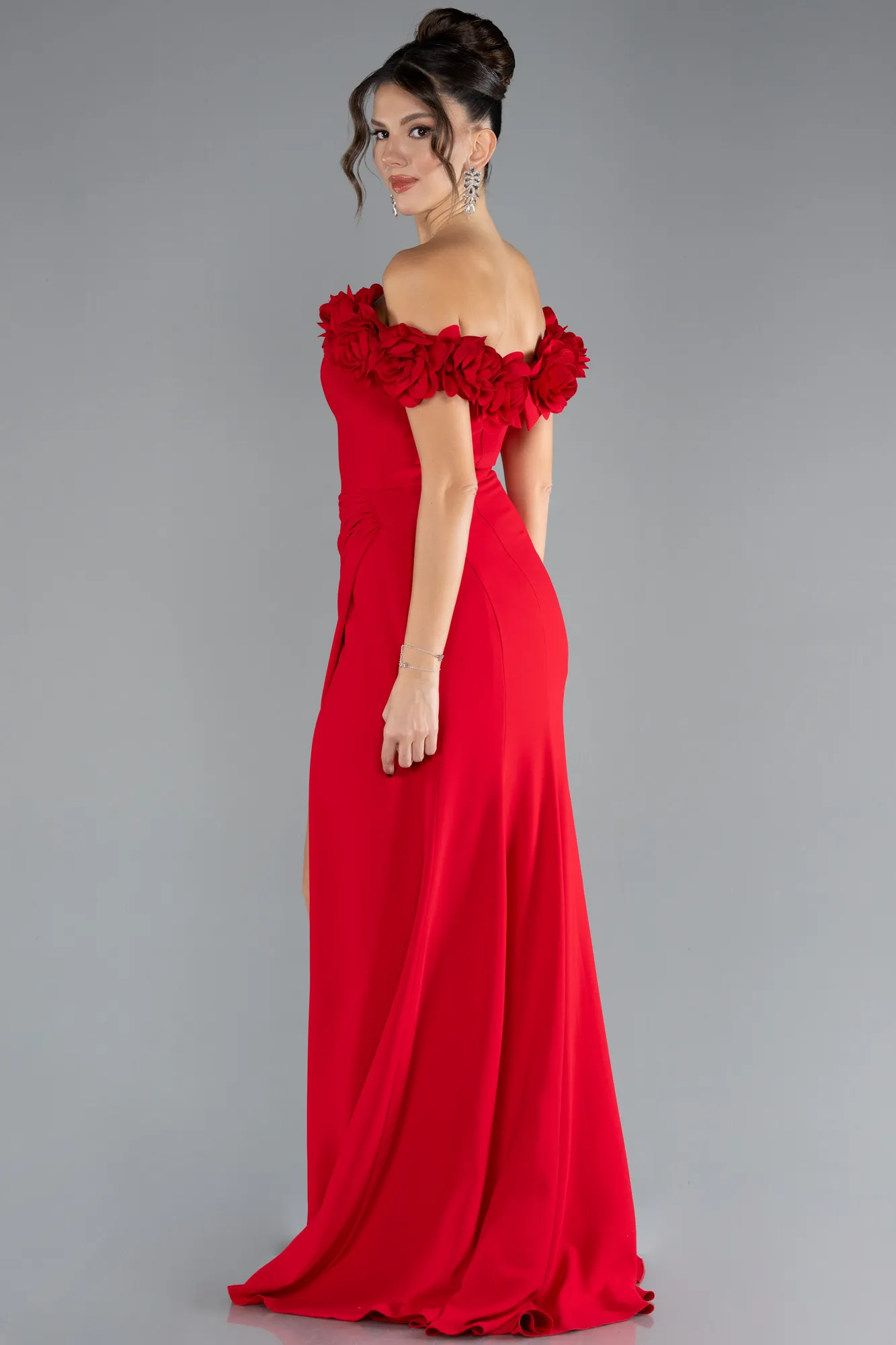 Red-Floral Boat Neck Slit Long Mermaid Evening Gown ABU4335