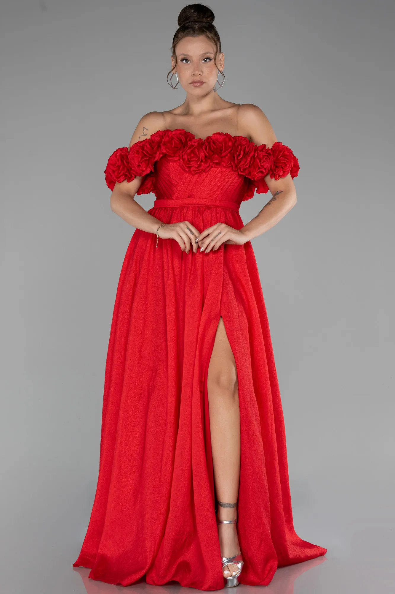 Red-Floral Boat Neck Slit Long Prom Dress ABU4278