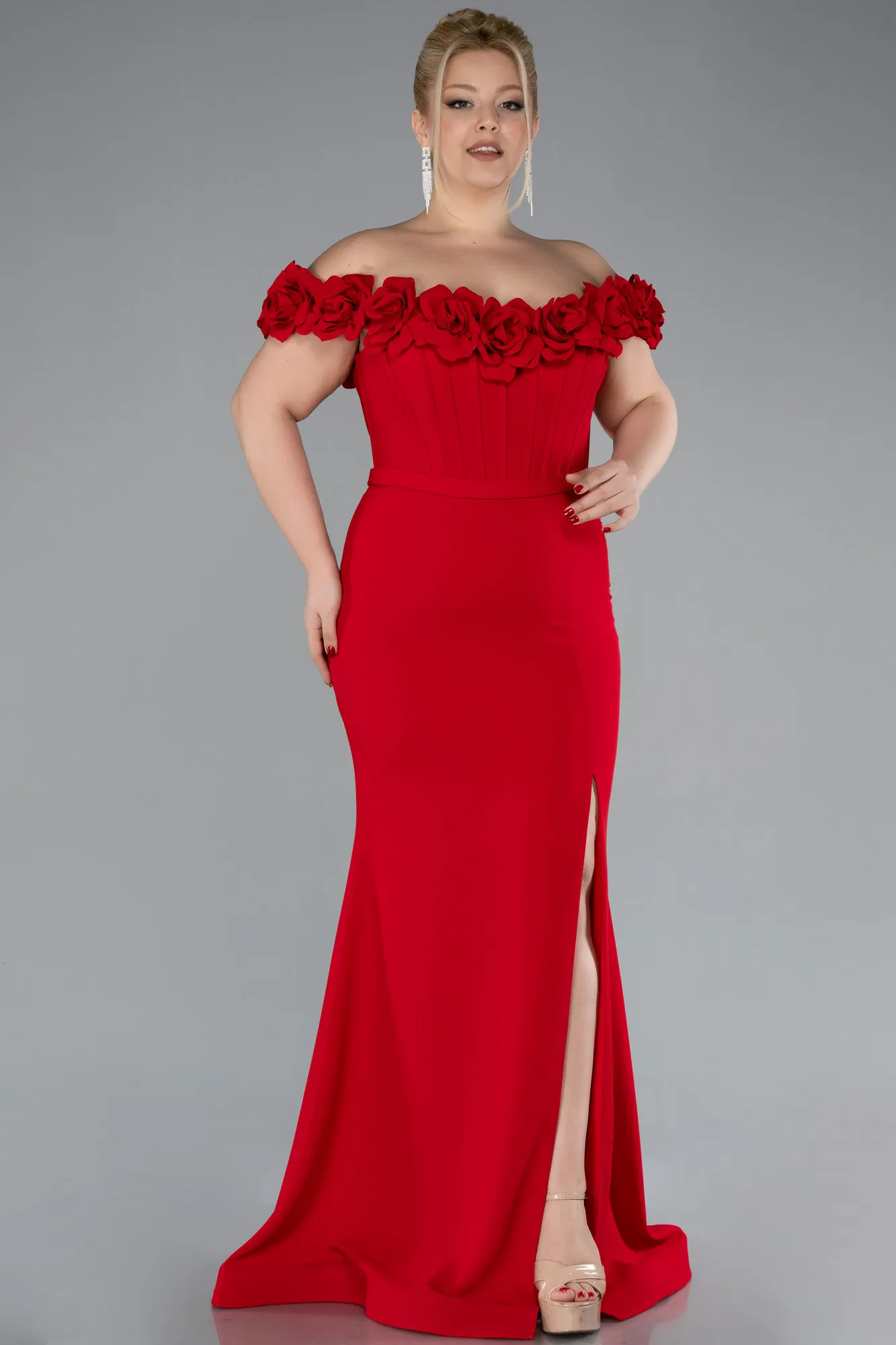 Red-Floral Collar Slit Long Plus Size Evening Gown ABU4388