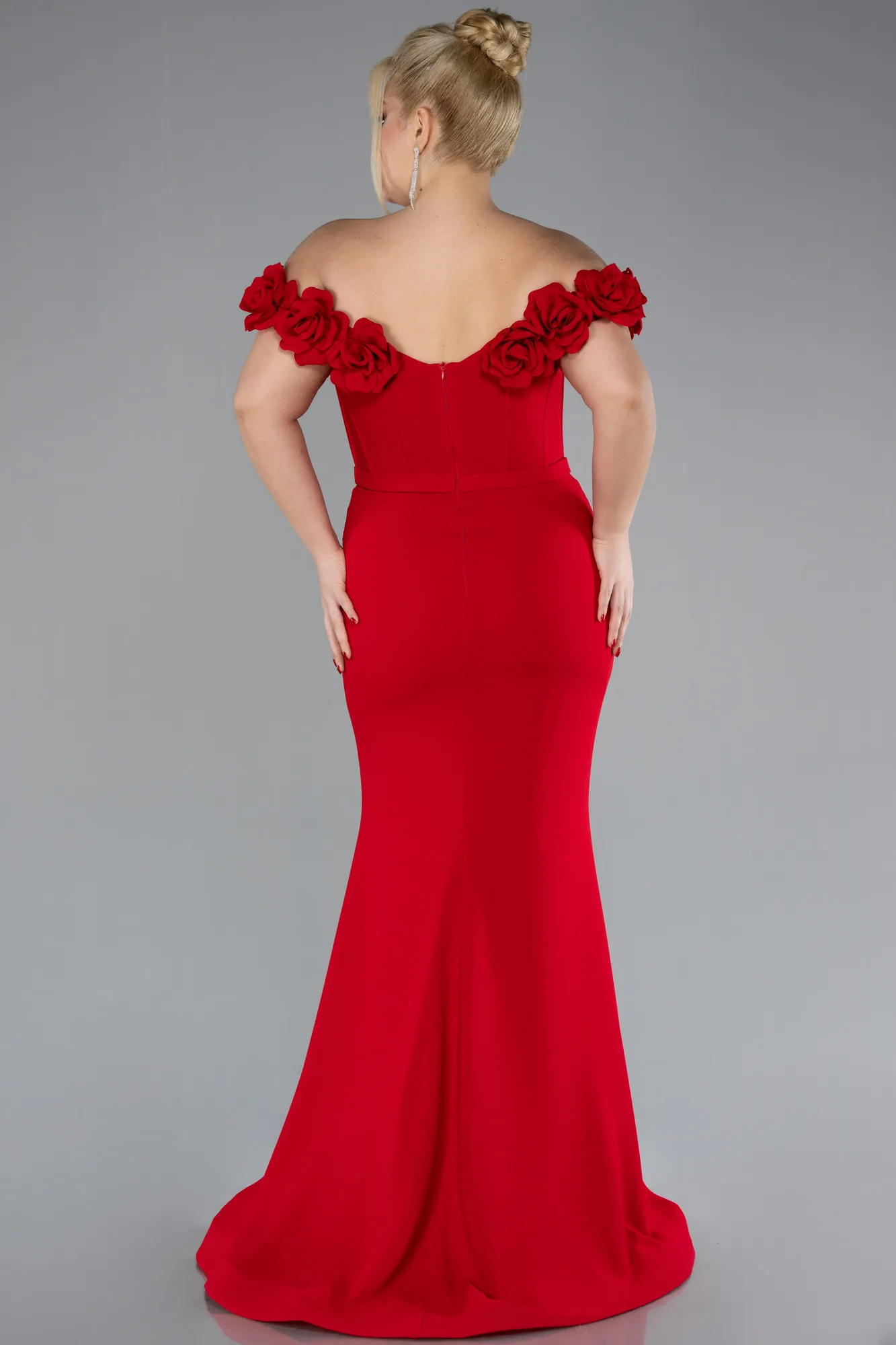 Red-Floral Collar Slit Long Plus Size Evening Gown ABU4388