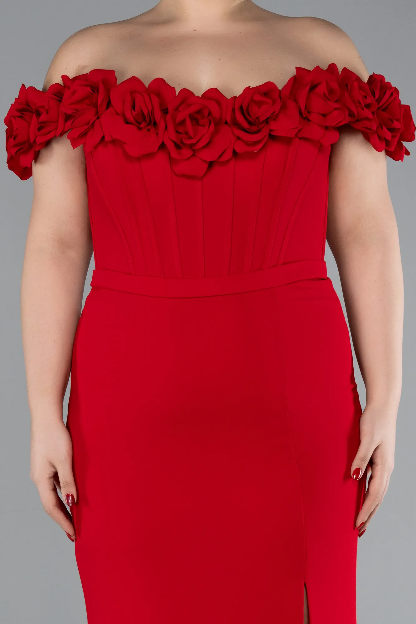 Red-Floral Collar Slit Long Plus Size Evening Gown ABU4388