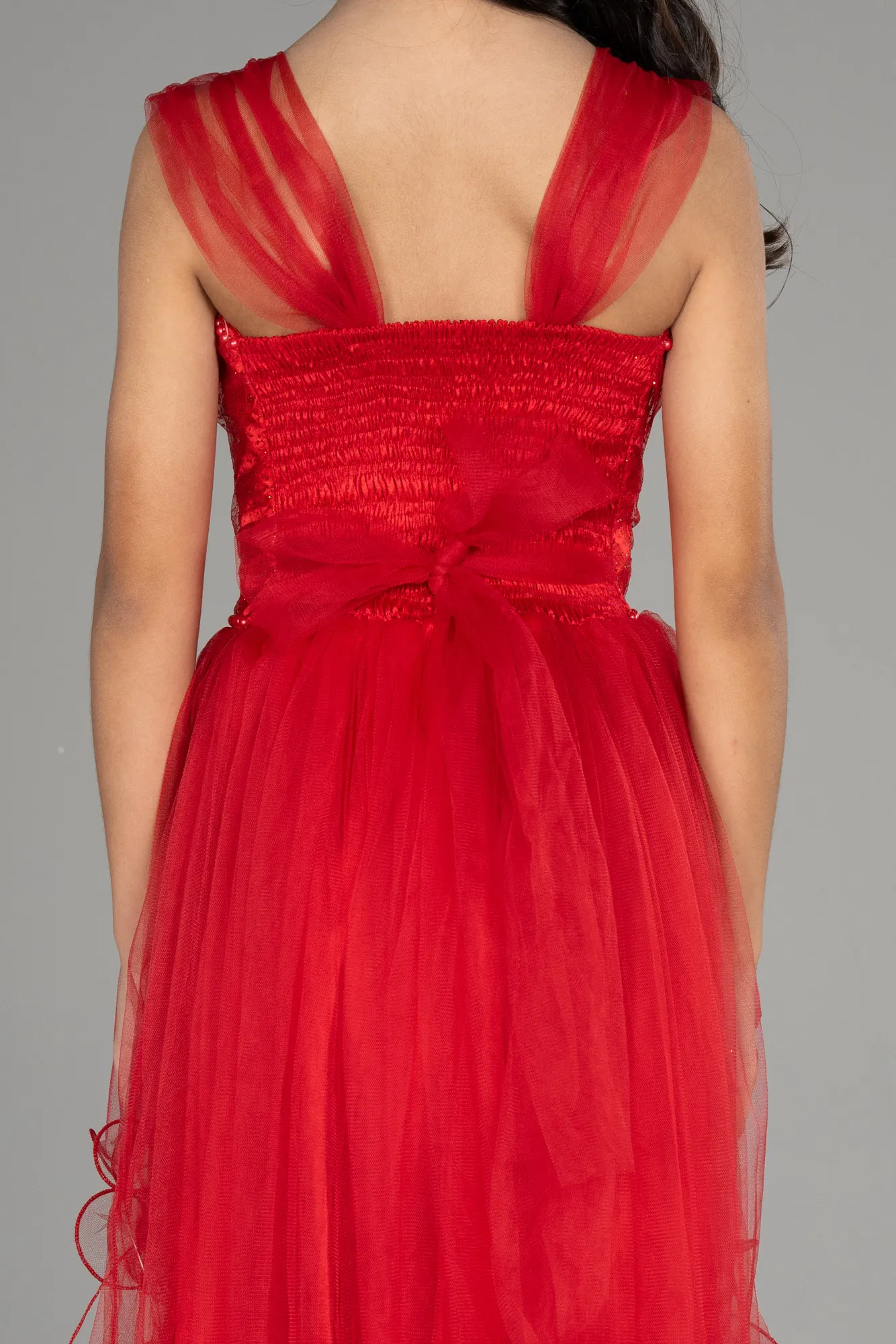 Red-Front Short Back Long Girl Dress ABO105