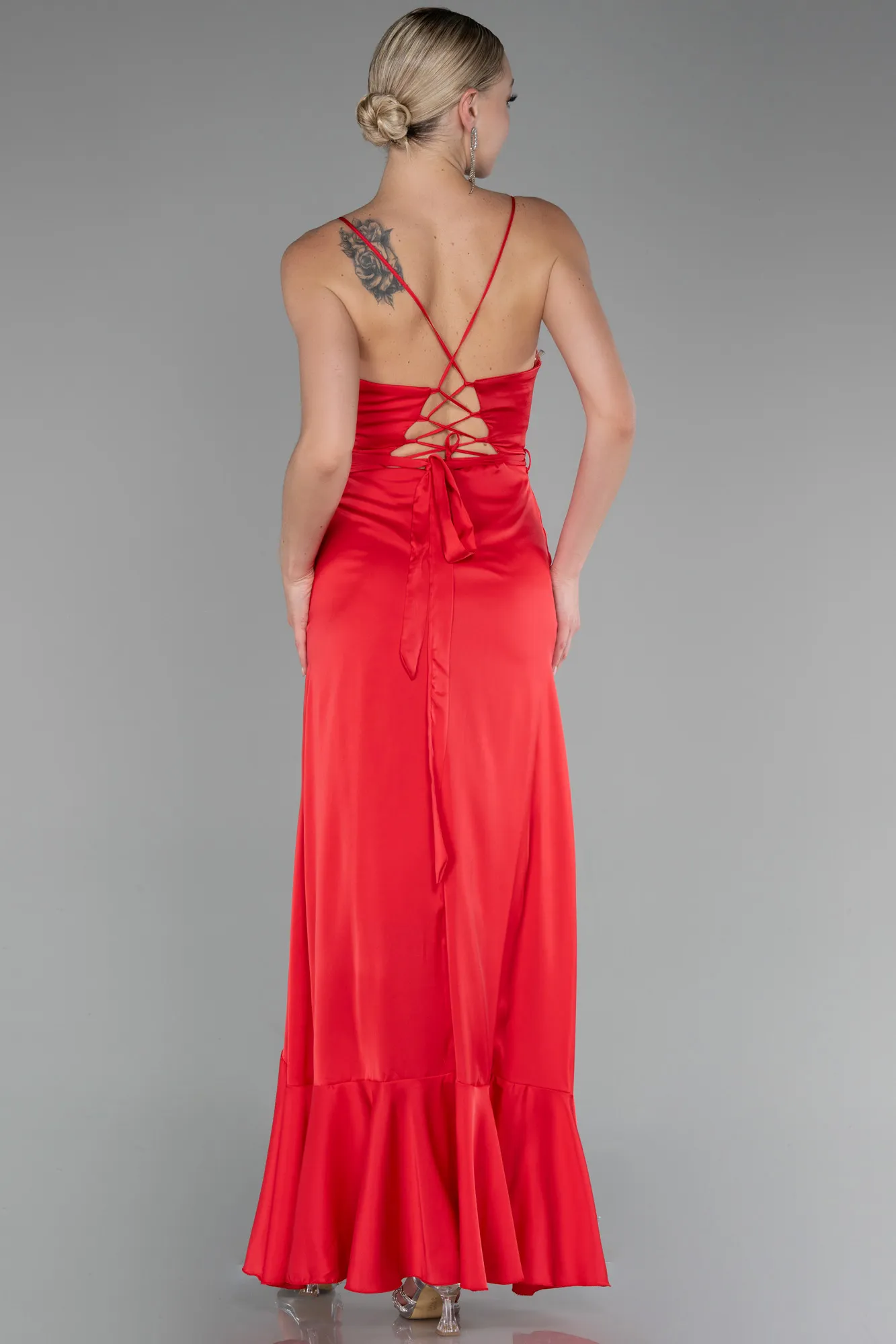 Red-Front Short Back Long Satin Prom Gown ABO109