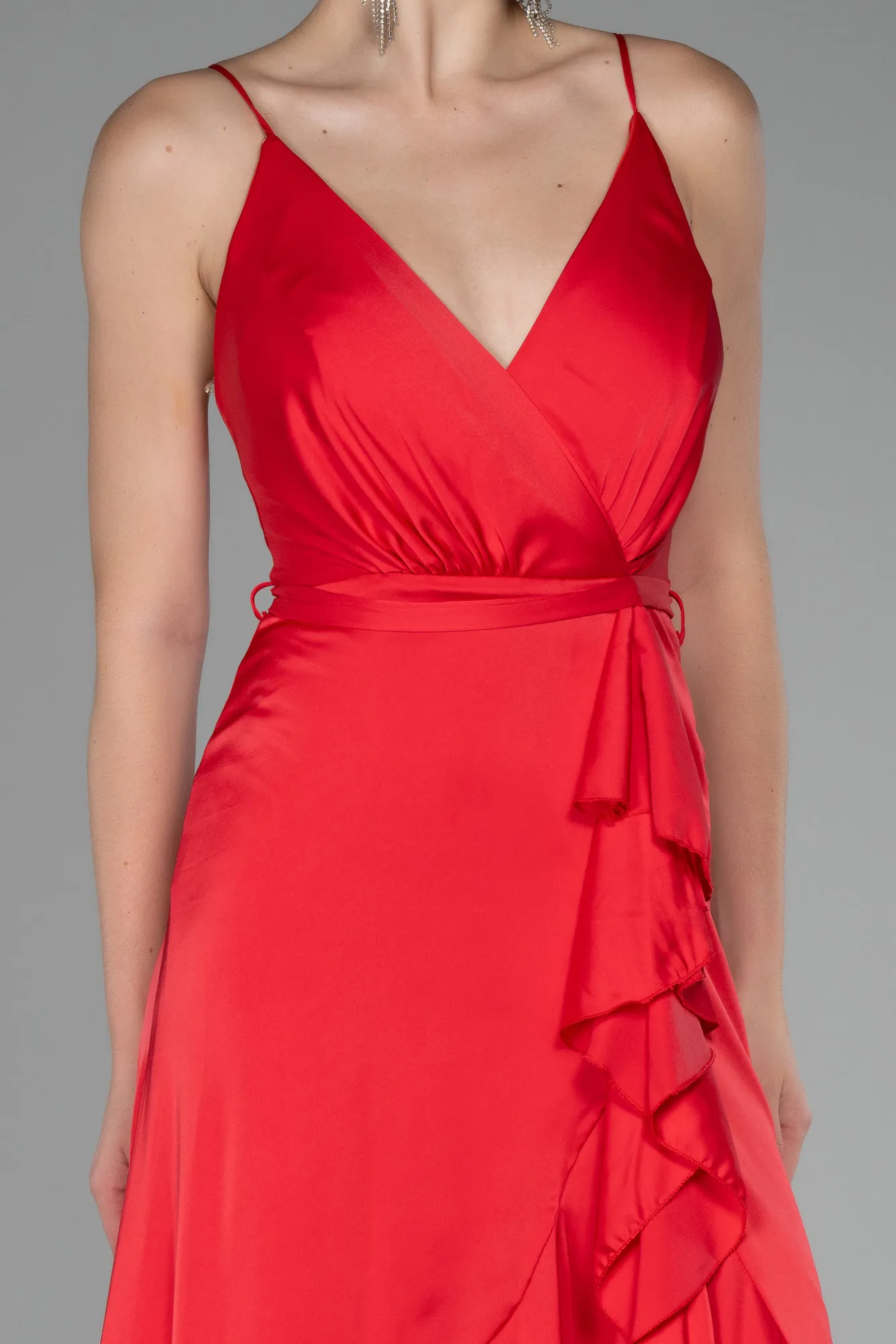 Red-Front Short Back Long Satin Prom Gown ABO109