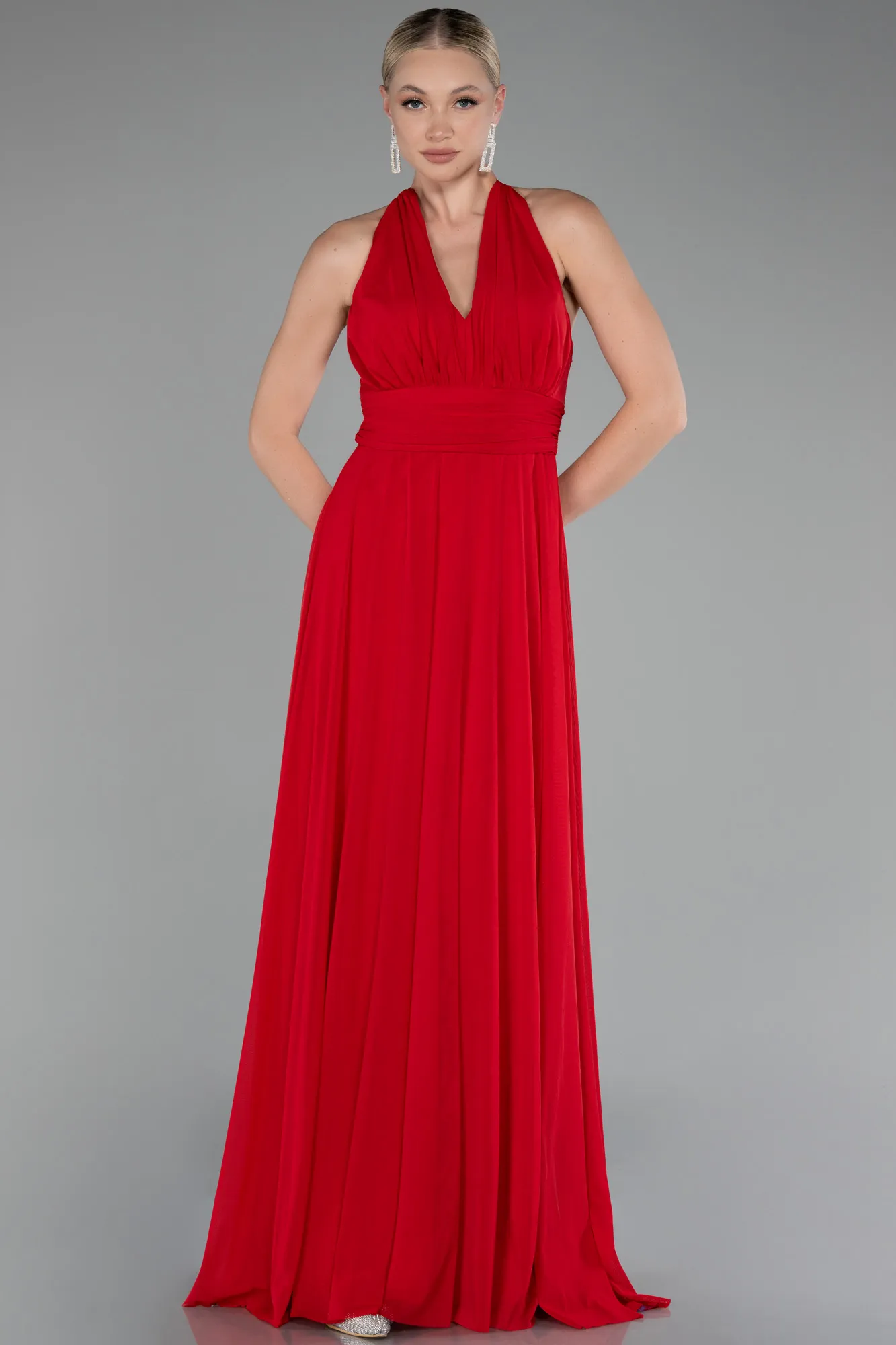 Red-Halter Neck Long Chiffon Evening Dress ABU4188