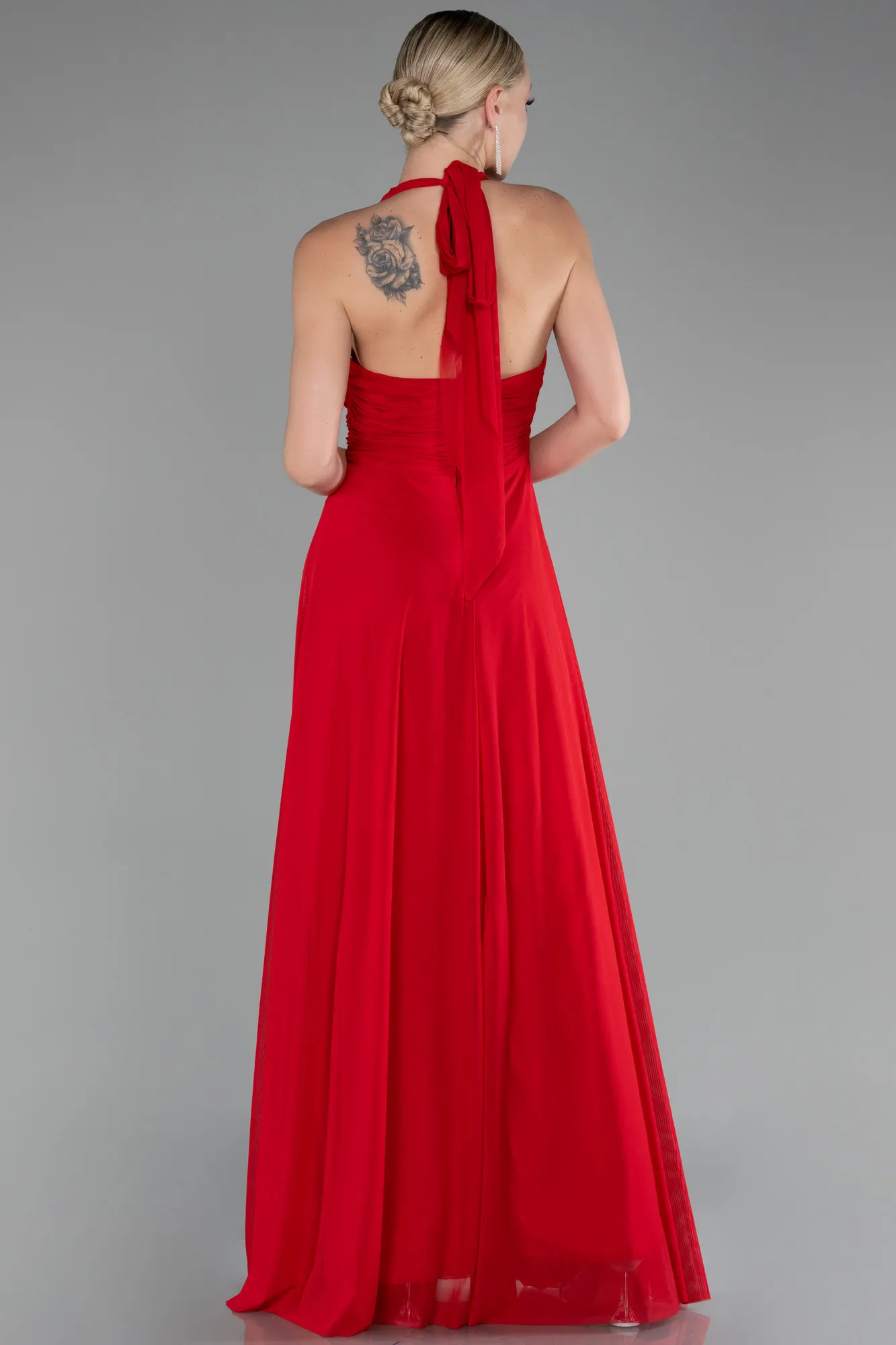 Red-Halter Neck Long Chiffon Evening Dress ABU4188