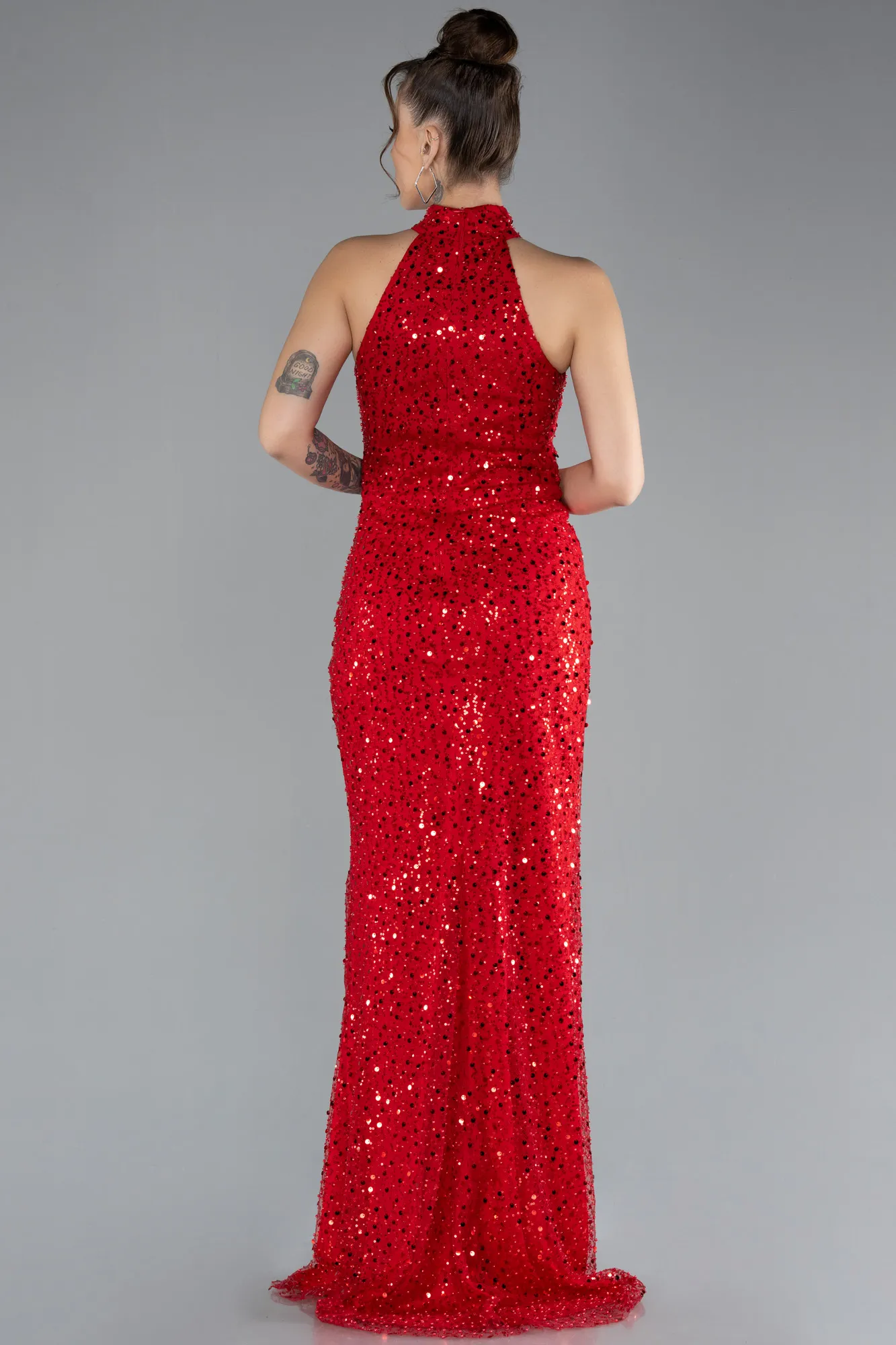 Red-Halter Neck Slit Long Scaly Evening Gown ABU4376