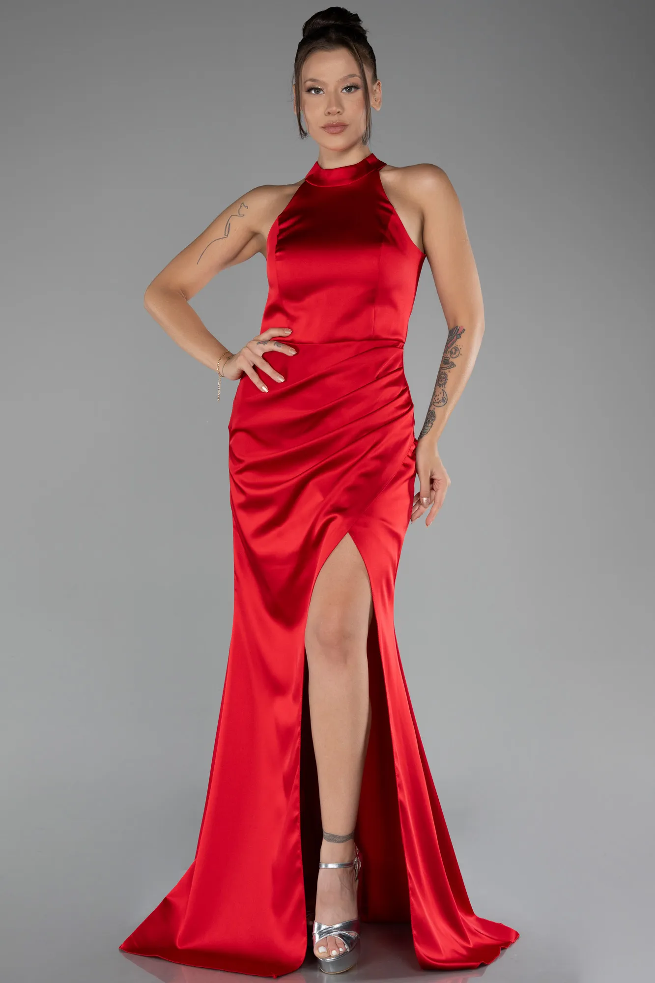 Red-Halter Neckline Slit Long Satin Evening Dress ABU4094