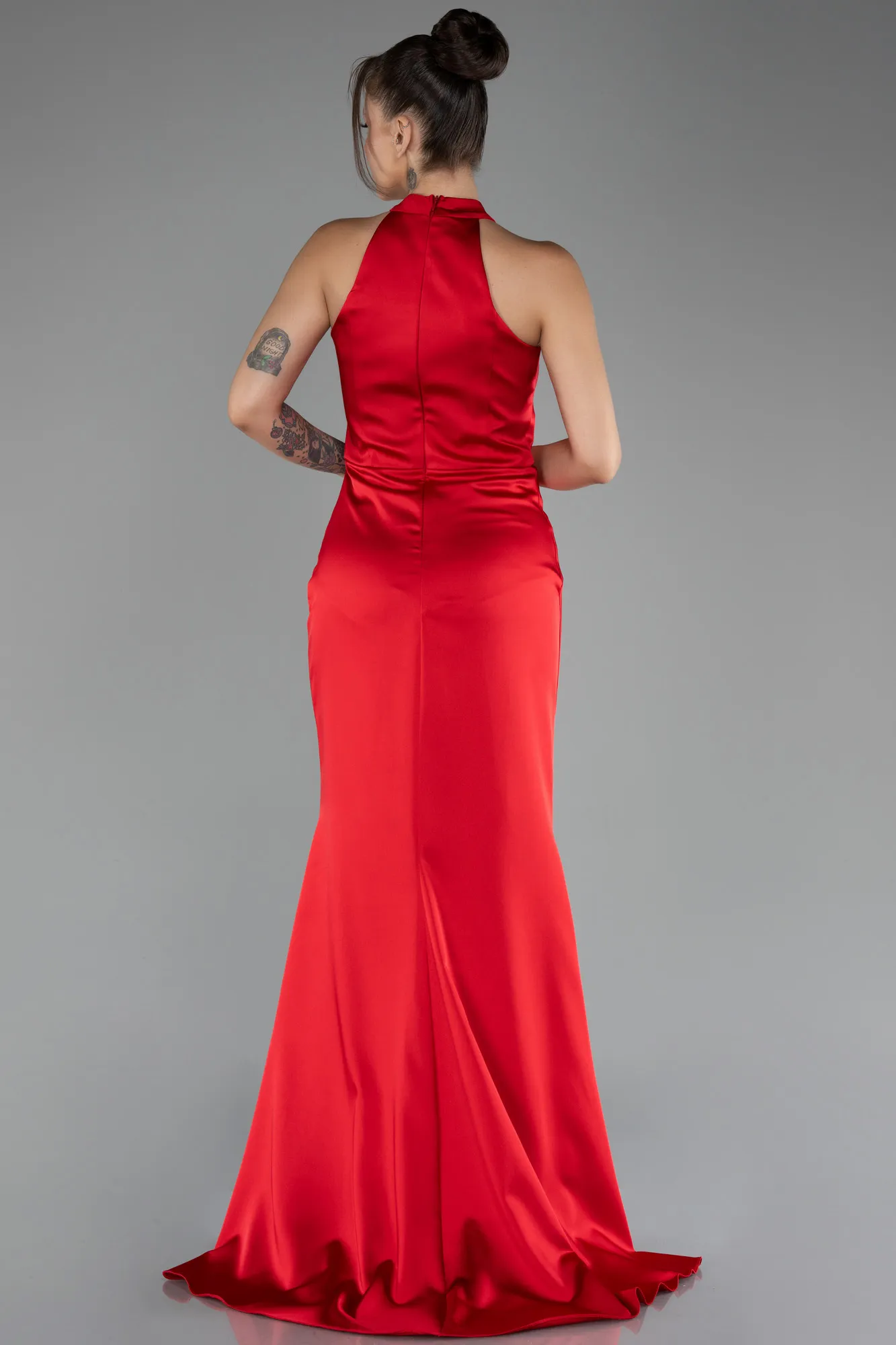 Red-Halter Neckline Slit Long Satin Evening Dress ABU4094