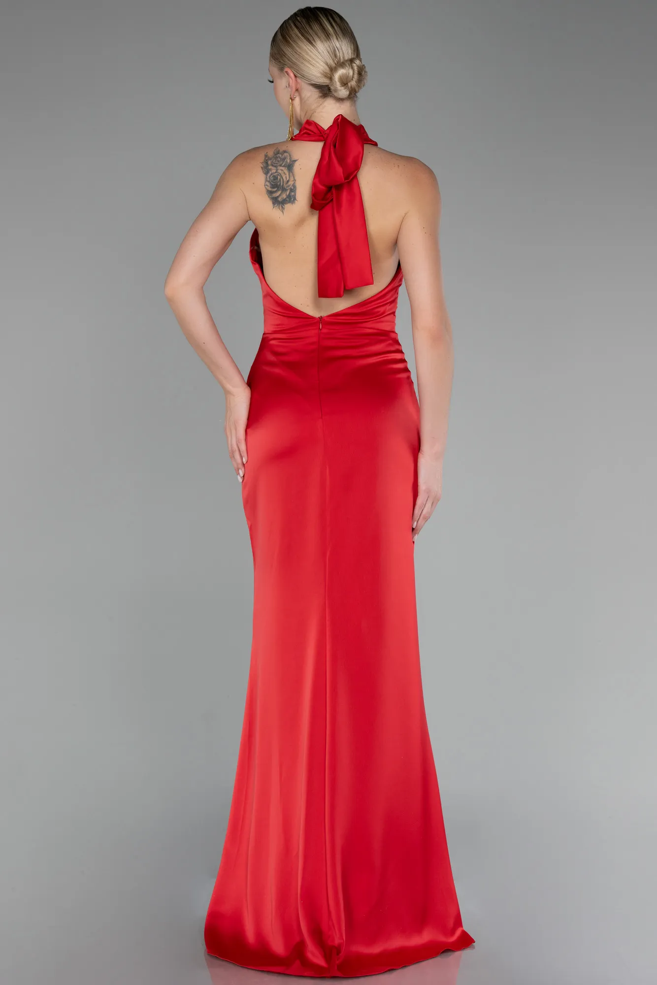 Red-Halter Neckline Slit Satin Evening Dress ABU4109