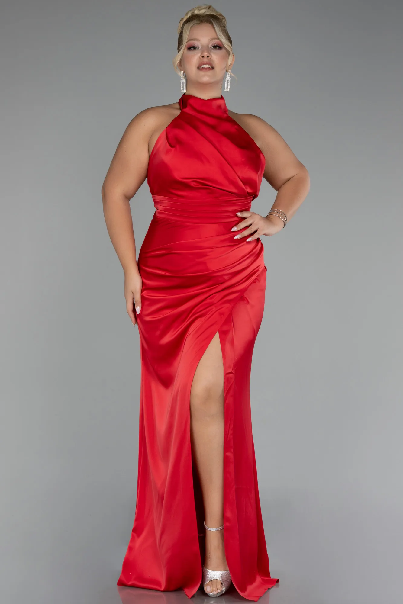 Red-Halter Neckline Slit Satin Plus Size Evening Dress ABU4110