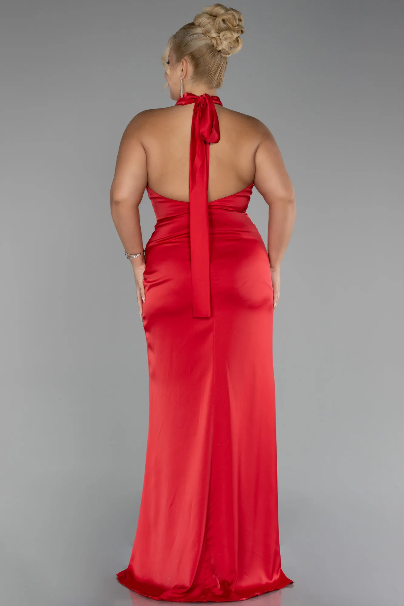 Red-Halter Neckline Slit Satin Plus Size Evening Dress ABU4110