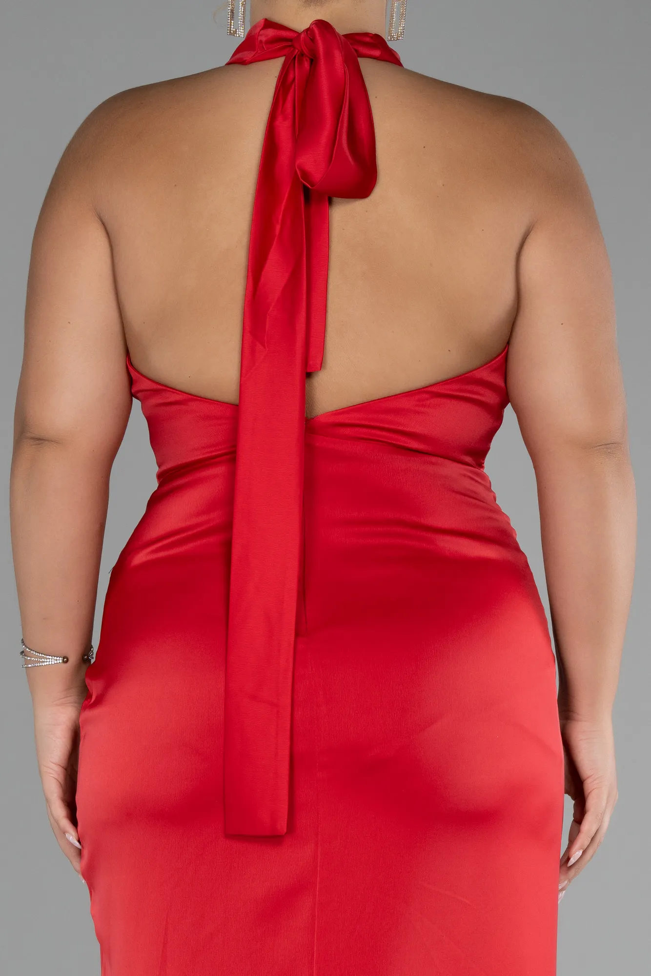 Red-Halter Neckline Slit Satin Plus Size Evening Dress ABU4110