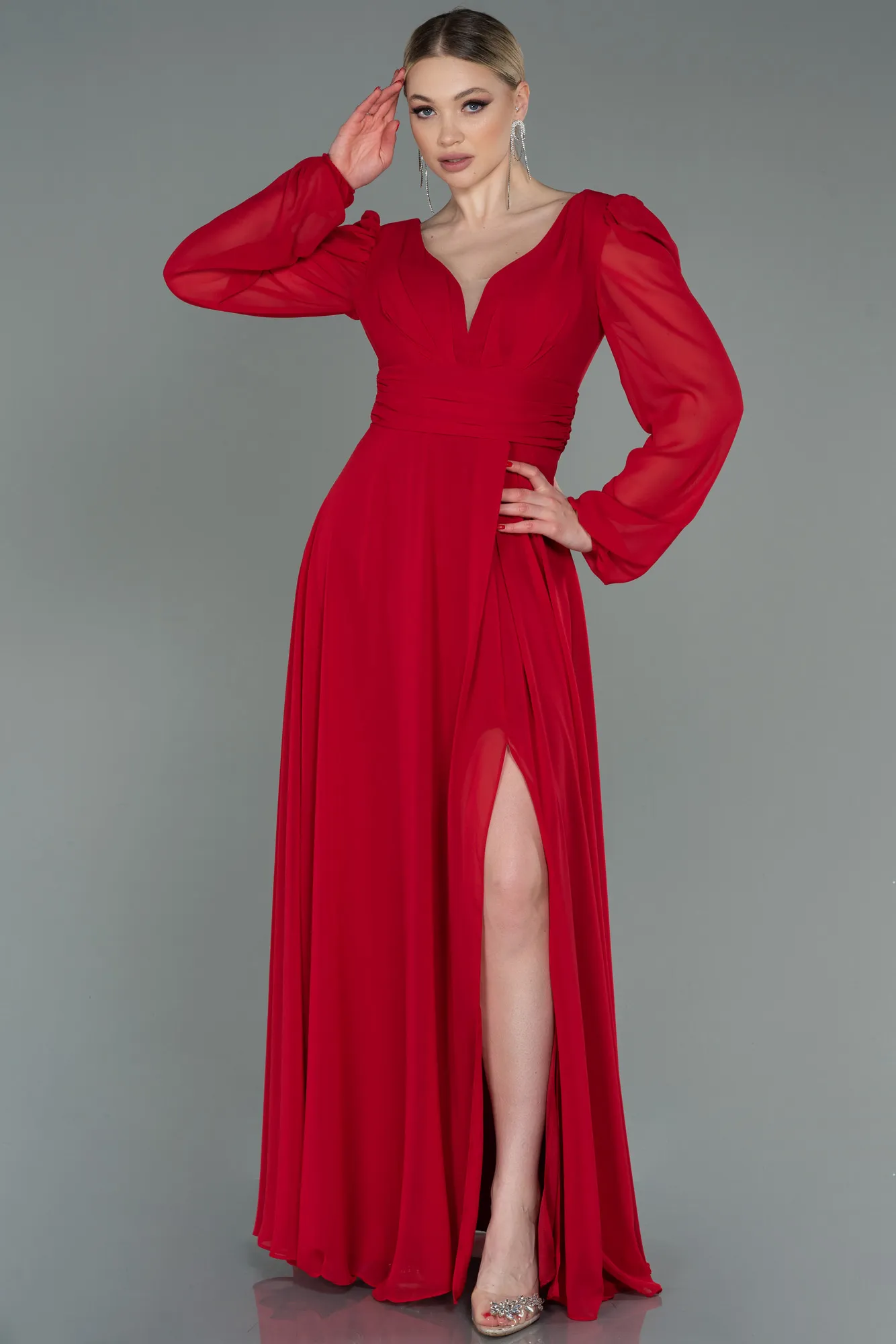 Red-Long Chiffon Evening Dress ABU3085