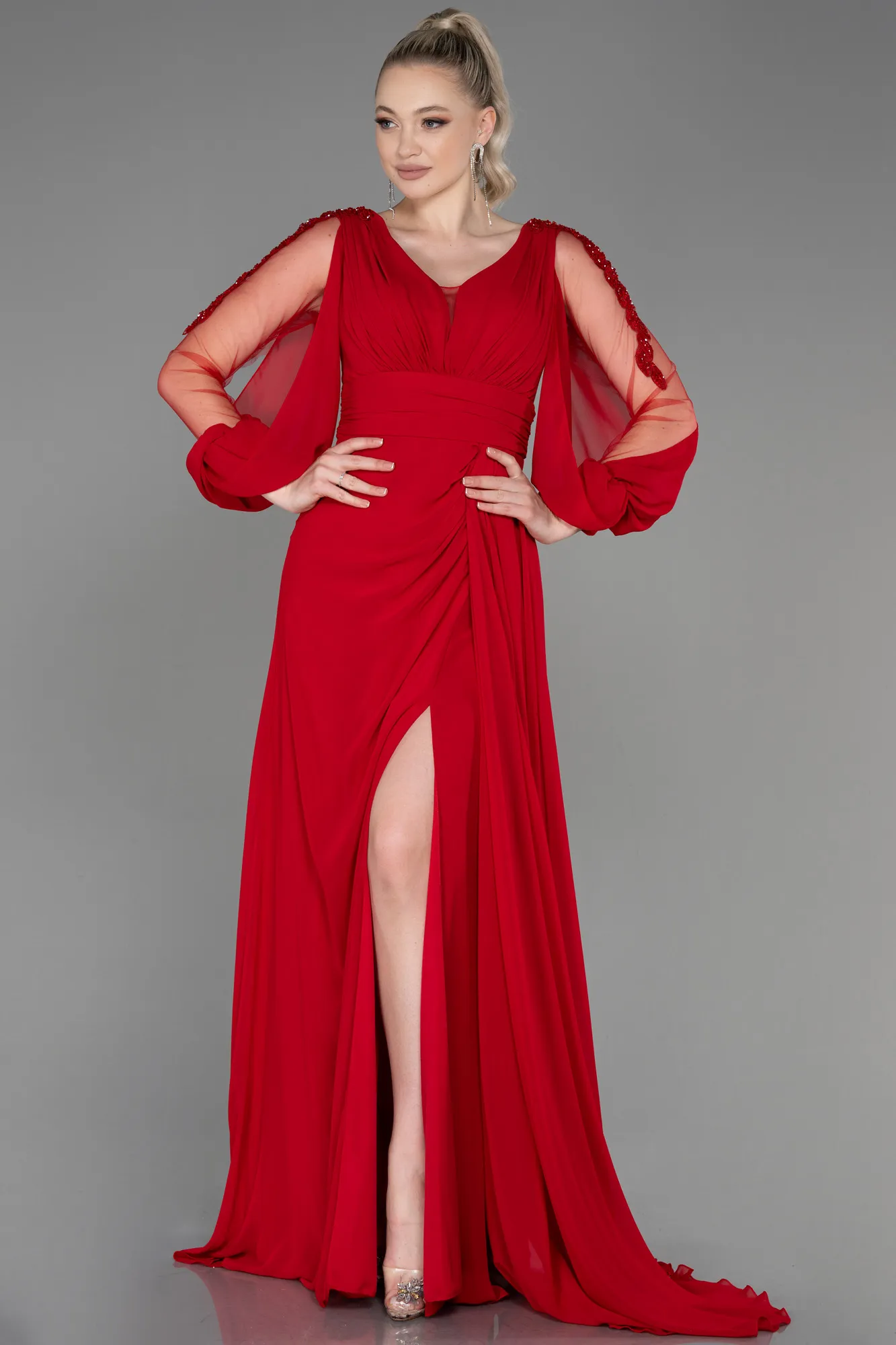Red-Long Chiffon Evening Dress ABU3220