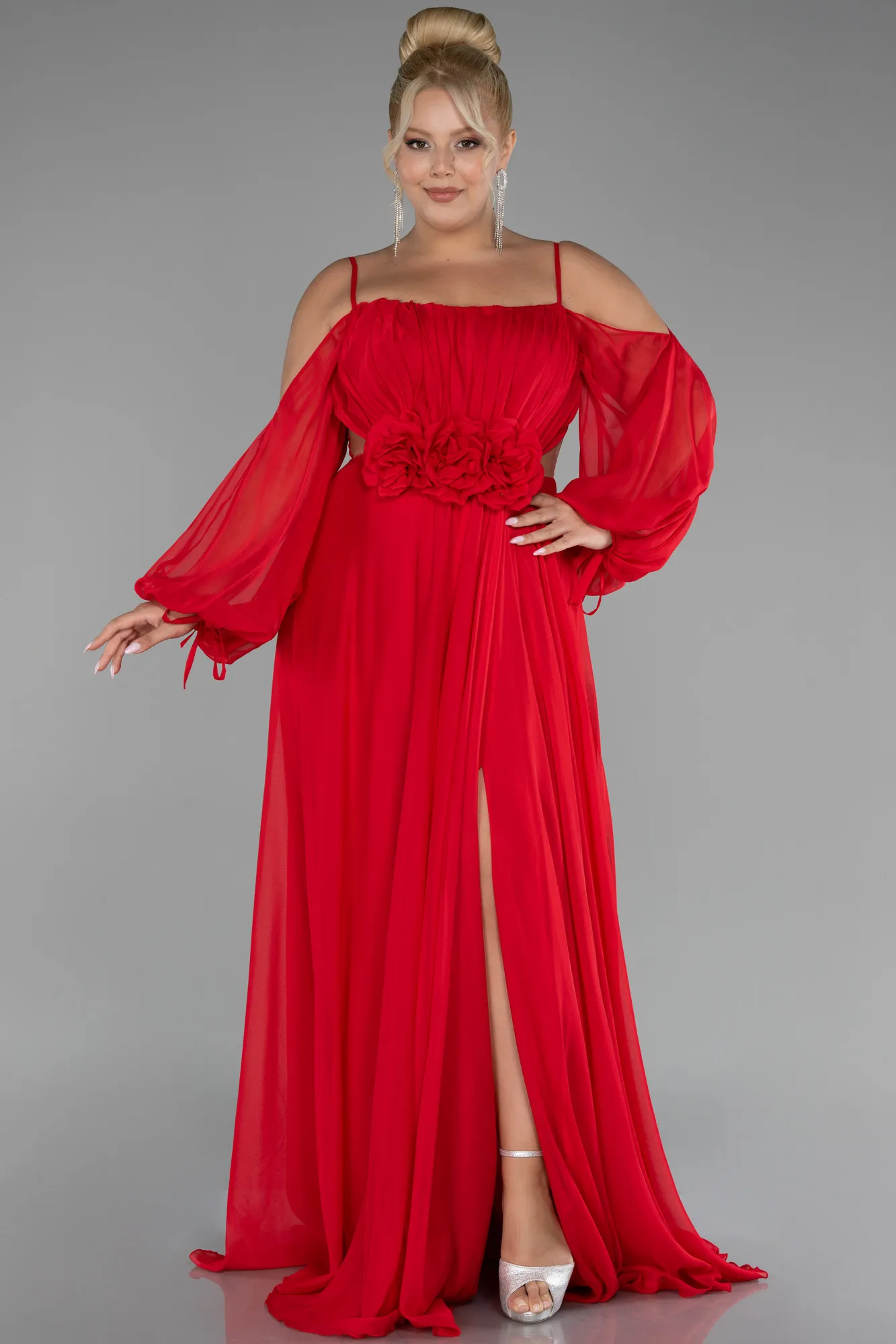 Red-Long Chiffon Plus Size Engagement Dress ABU4167