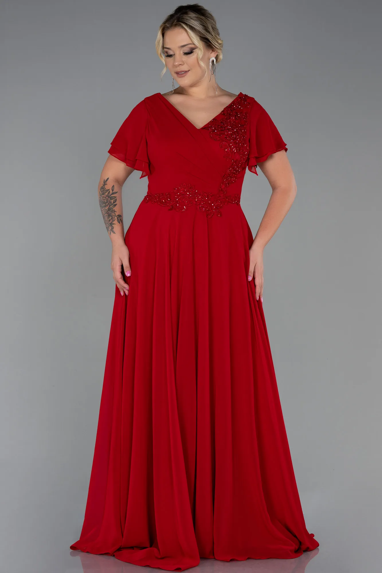 Red-Long Chiffon Plus Size Evening Dress ABU2576