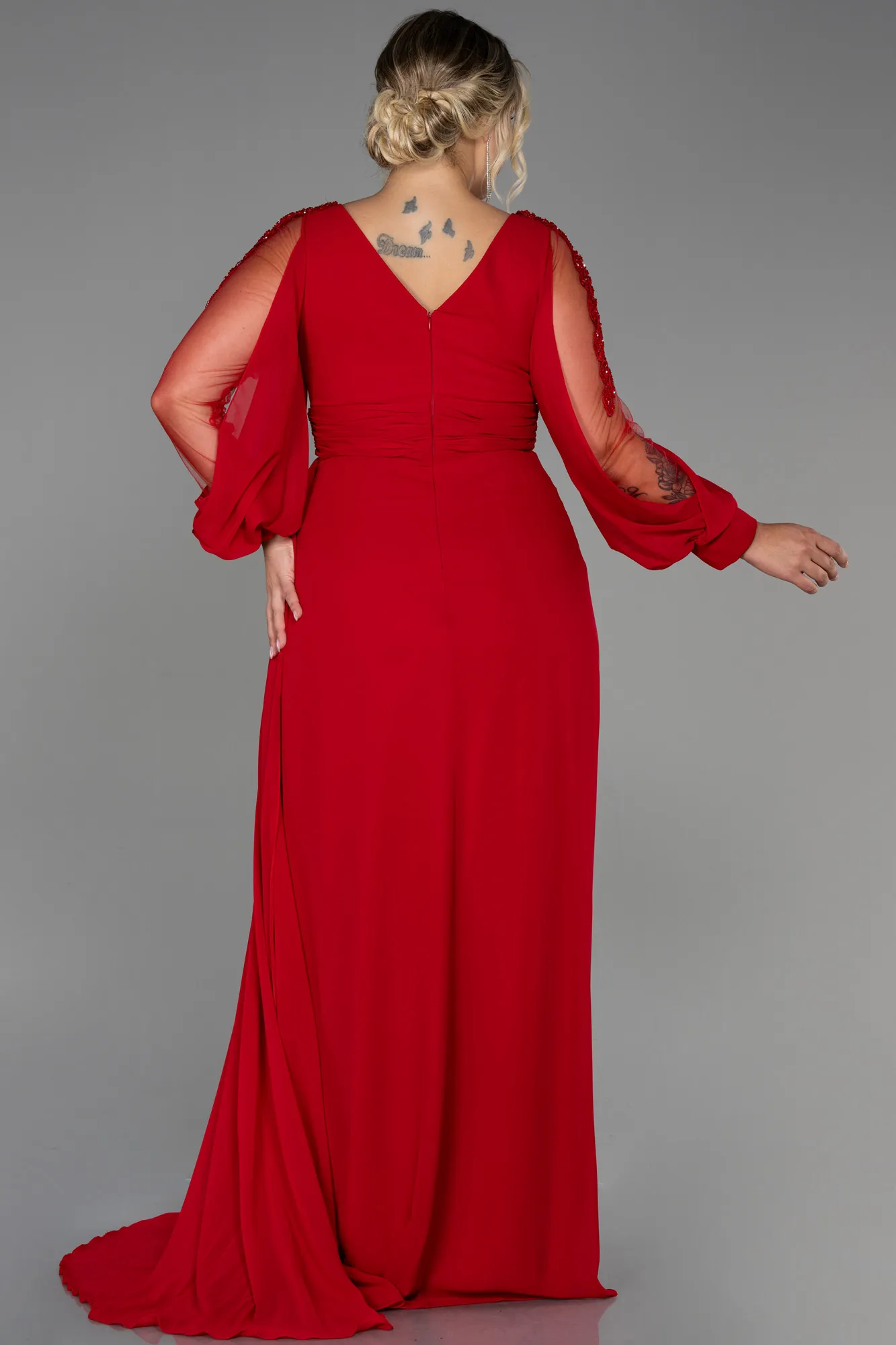 Red-Long Chiffon Plus Size Evening Dress ABU3221