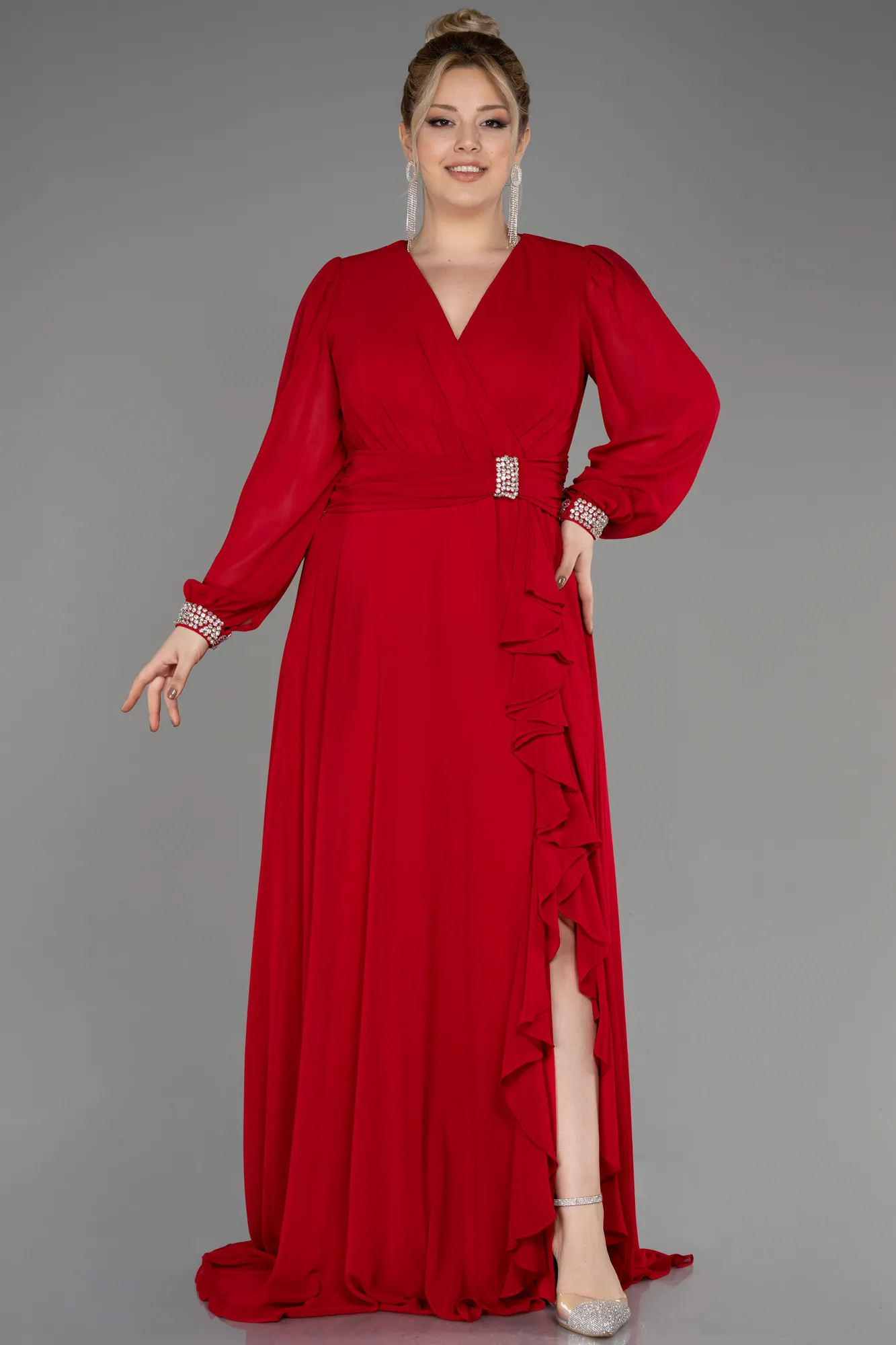 Red-Long Chiffon Plus Size Evening Dress ABU3222
