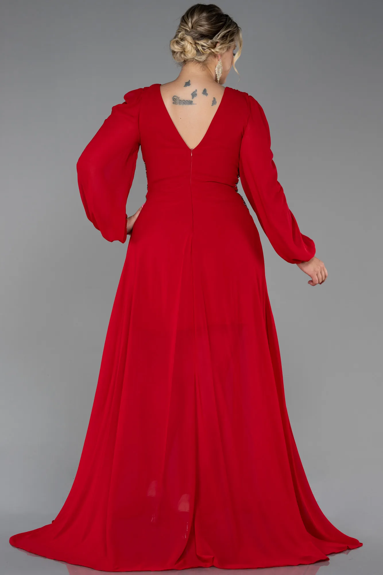 Red-Long Chiffon Plus Size Evening Dress ABU3256