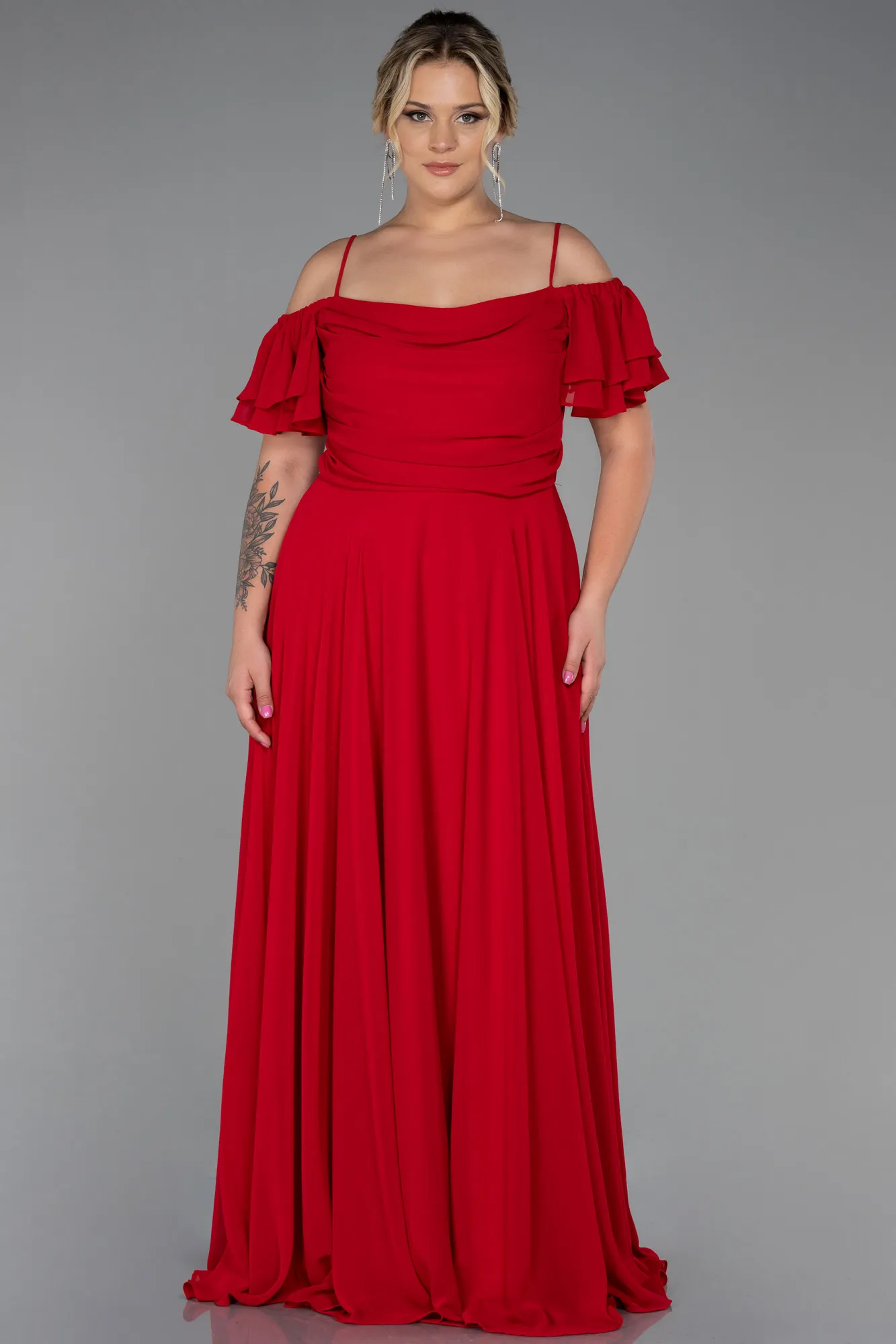 Red-Long Chiffon Plus Size Evening Dress ABU3259