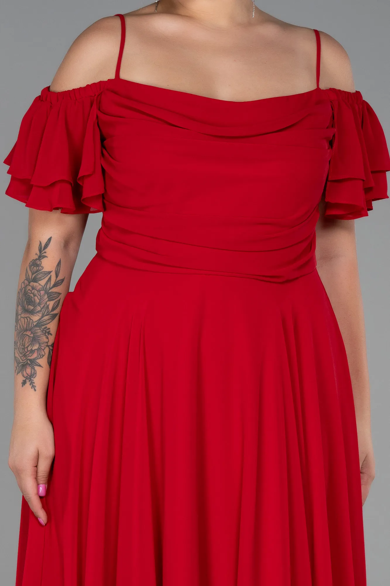 Red-Long Chiffon Plus Size Evening Dress ABU3259
