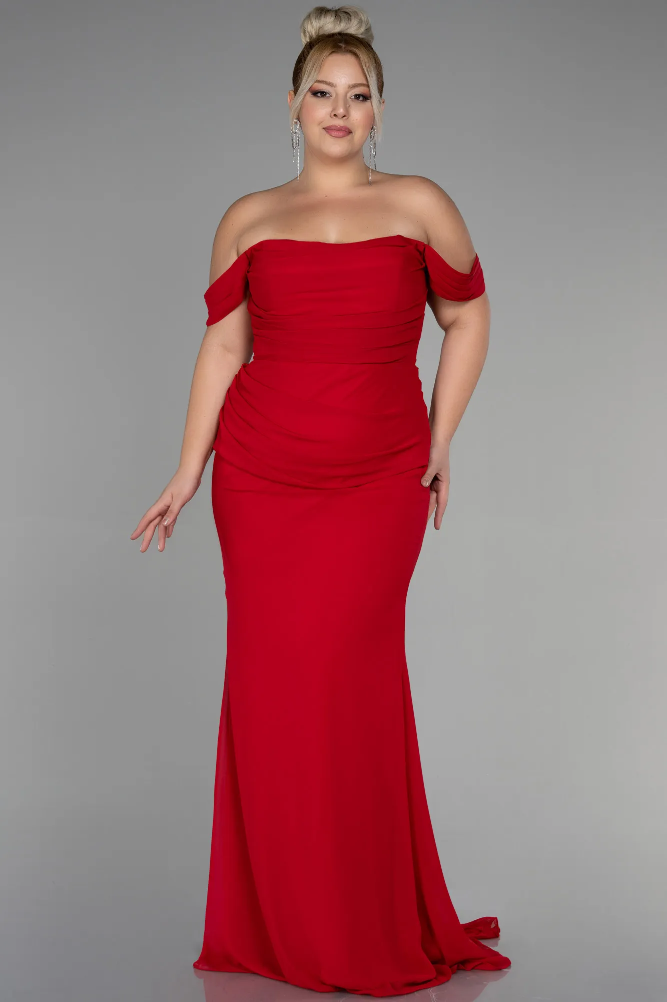 Red-Long Chiffon Plus Size Evening Dress ABU3353