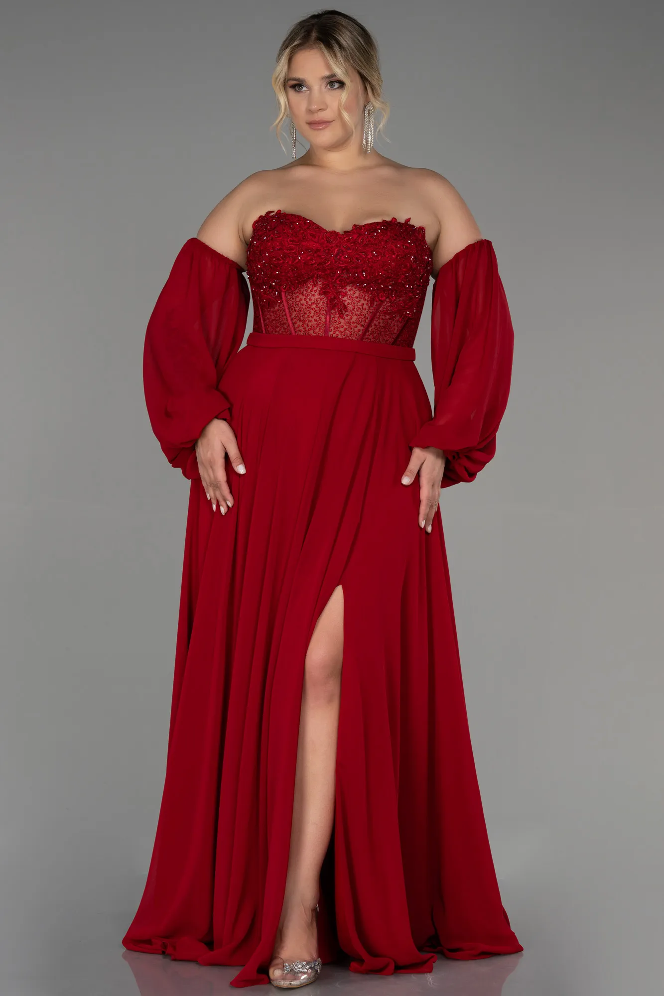 Red-Long Chiffon Plus Size Evening Dress ABU3451