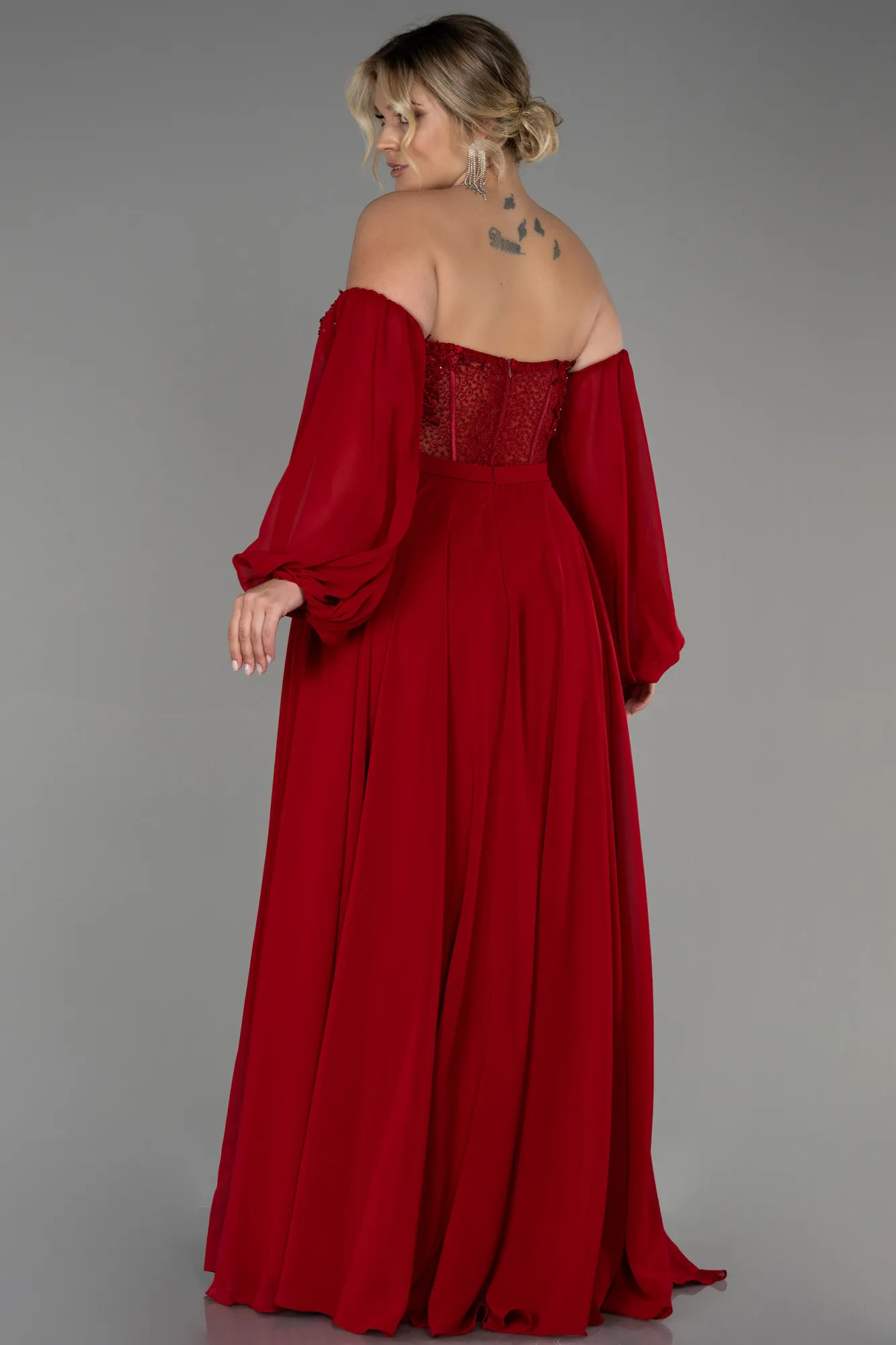 Red-Long Chiffon Plus Size Evening Dress ABU3451