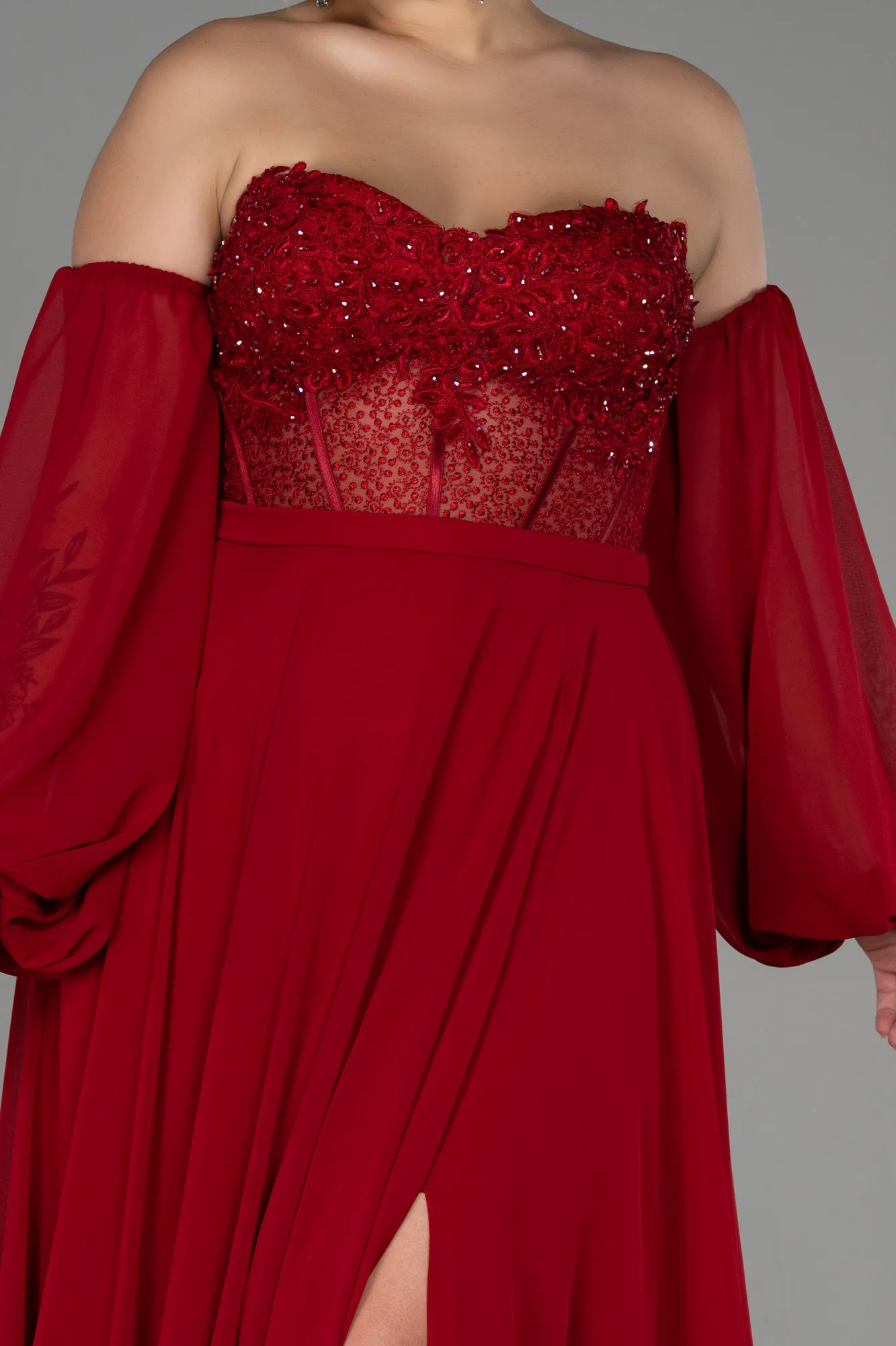 Red-Long Chiffon Plus Size Evening Dress ABU3451