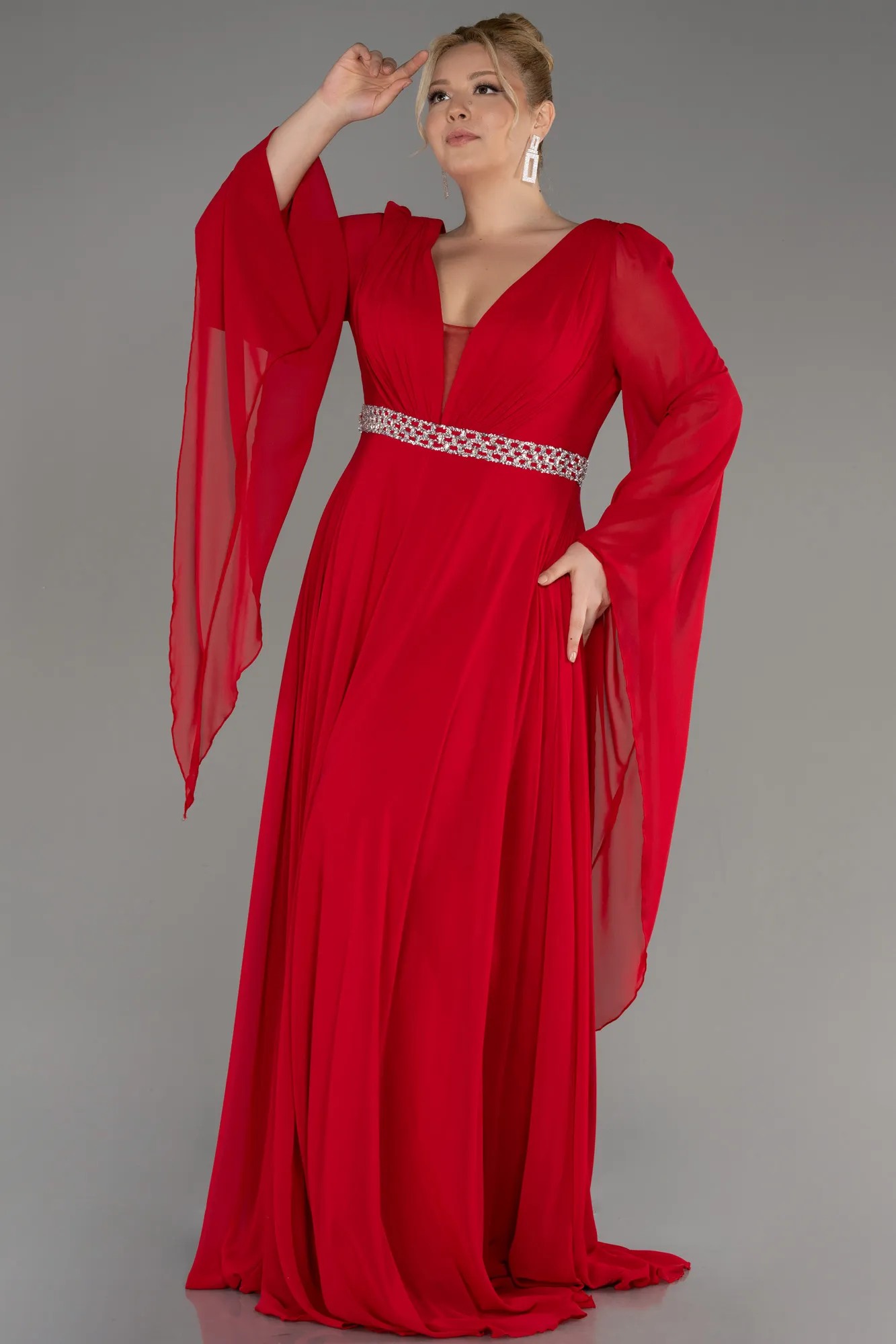 Red-Long Chiffon Plus Size Evening Dress ABU3543