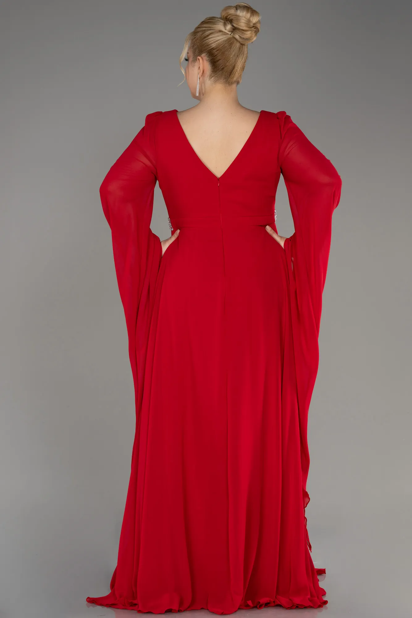 Red-Long Chiffon Plus Size Evening Dress ABU3543