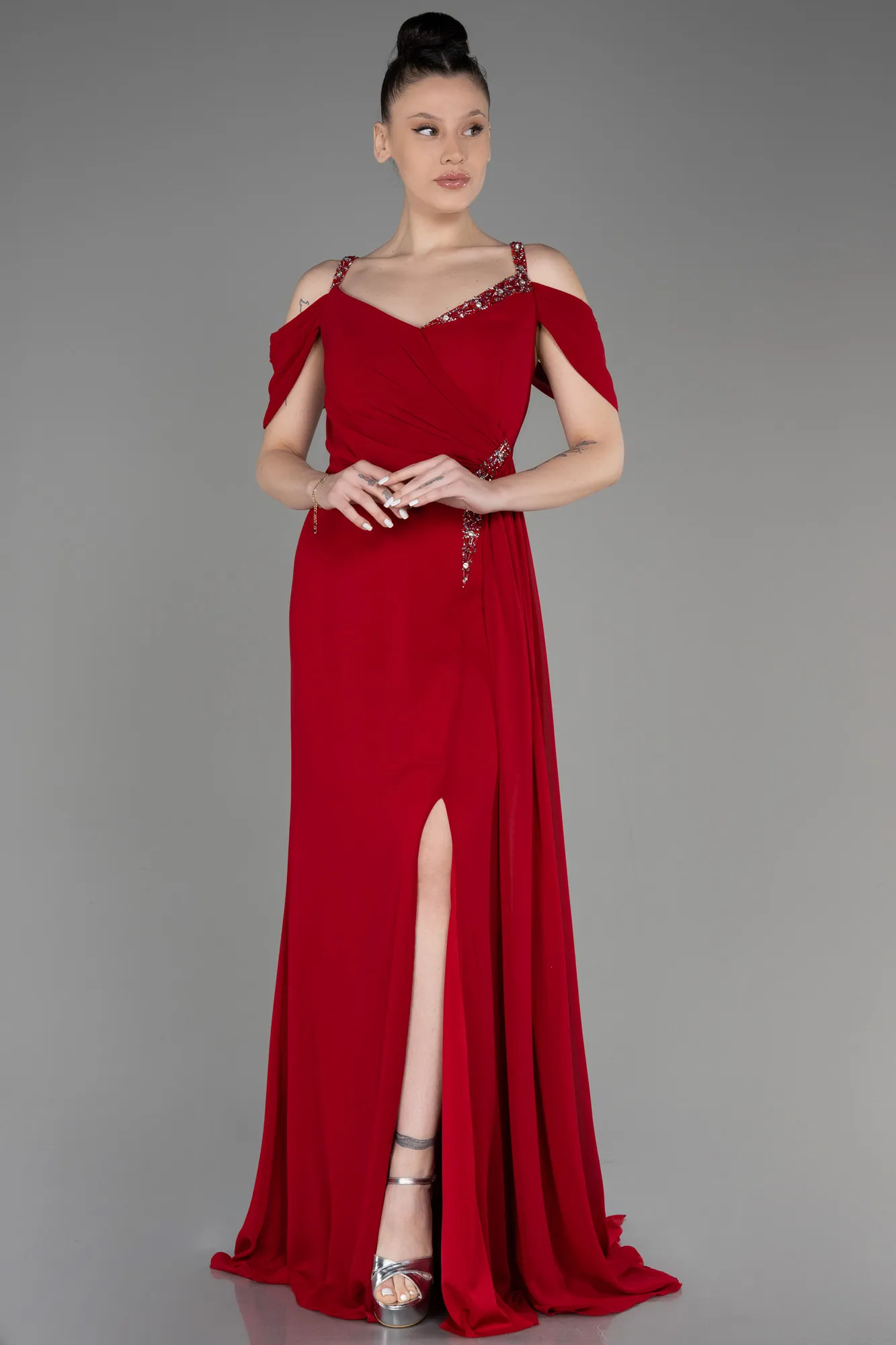 Red-Long Chiffon Plus Size Evening Gown ABU3742