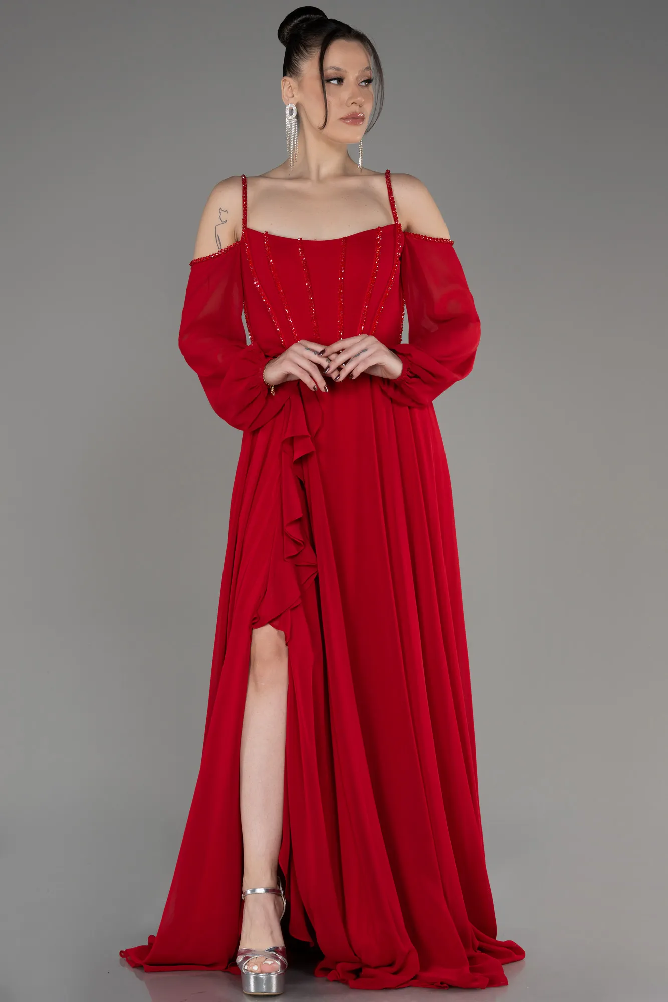 Red-Long Chiffon Slit Evening Dress ABU3914