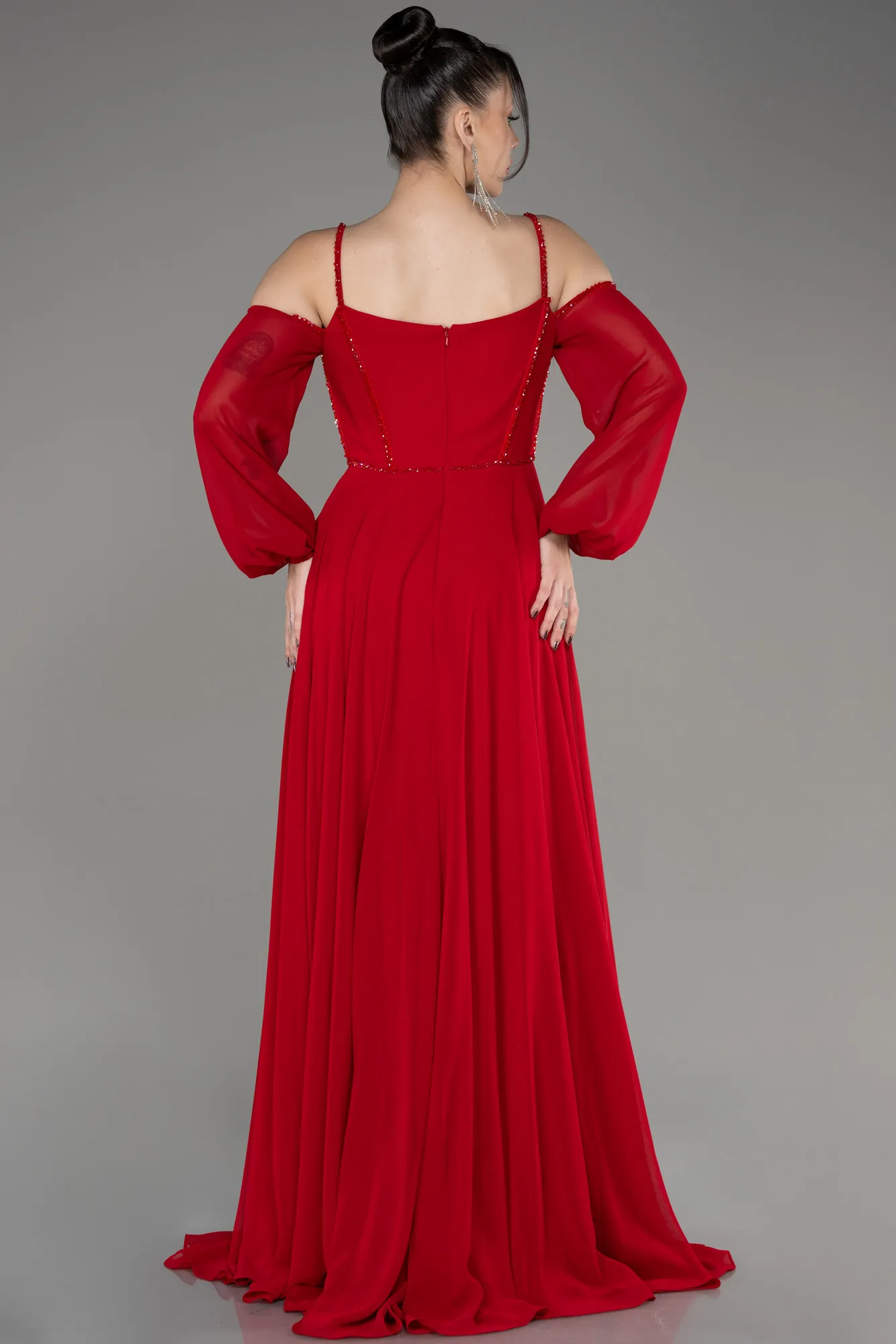 Red-Long Chiffon Slit Evening Dress ABU3914