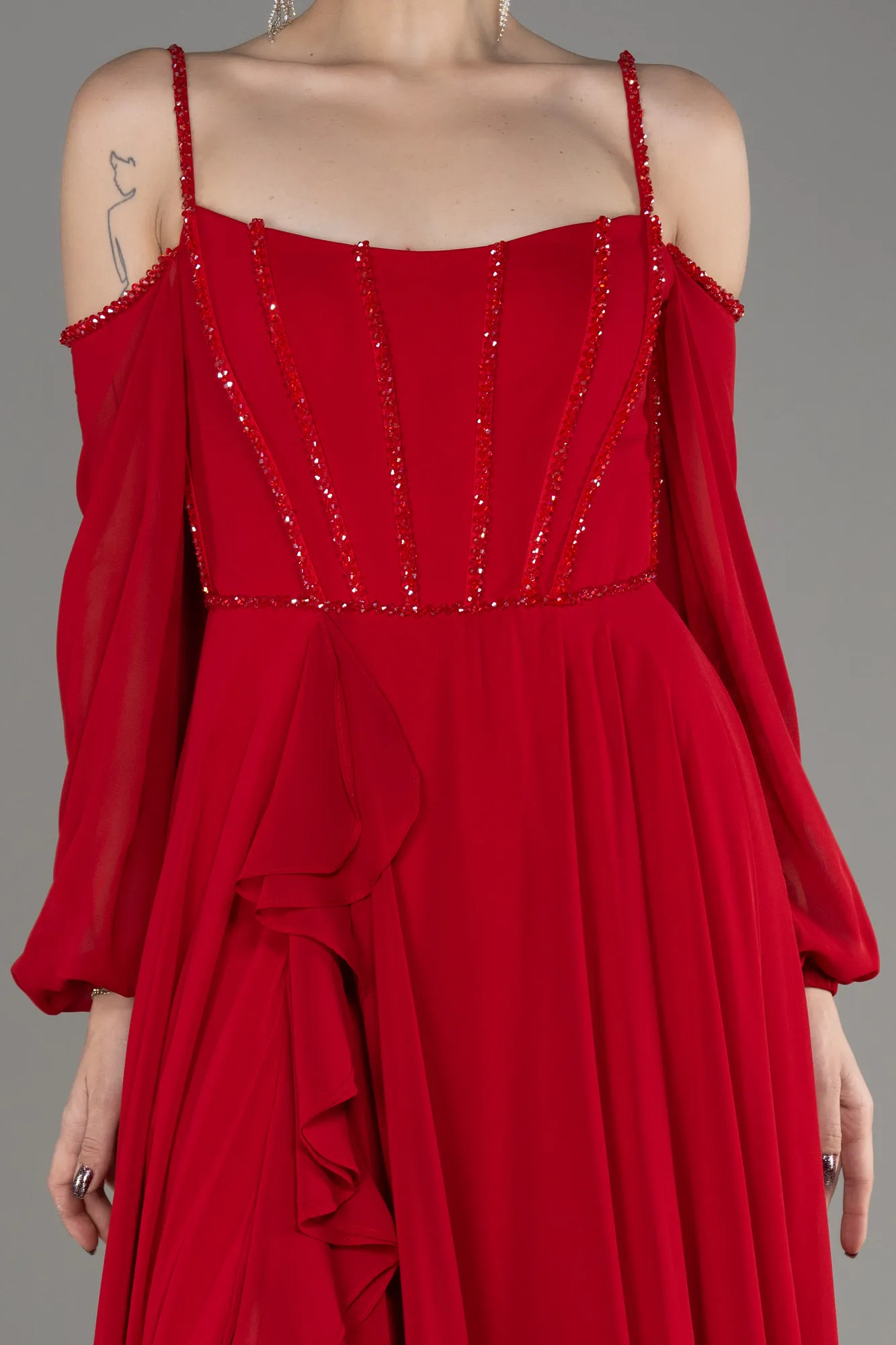 Red-Long Chiffon Slit Evening Dress ABU3914