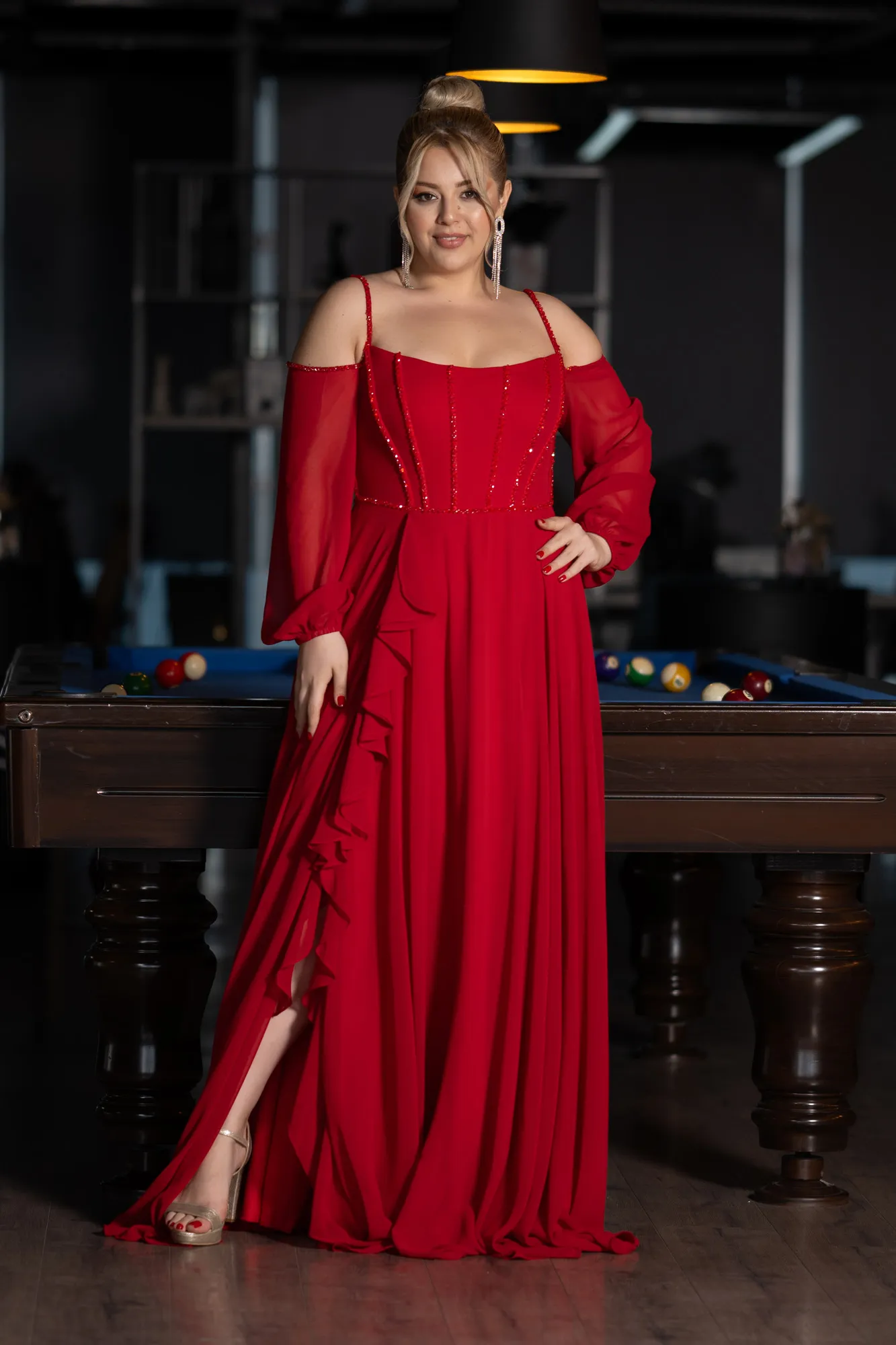 Red-Long Chiffon Slit Evening Dress ABU3915