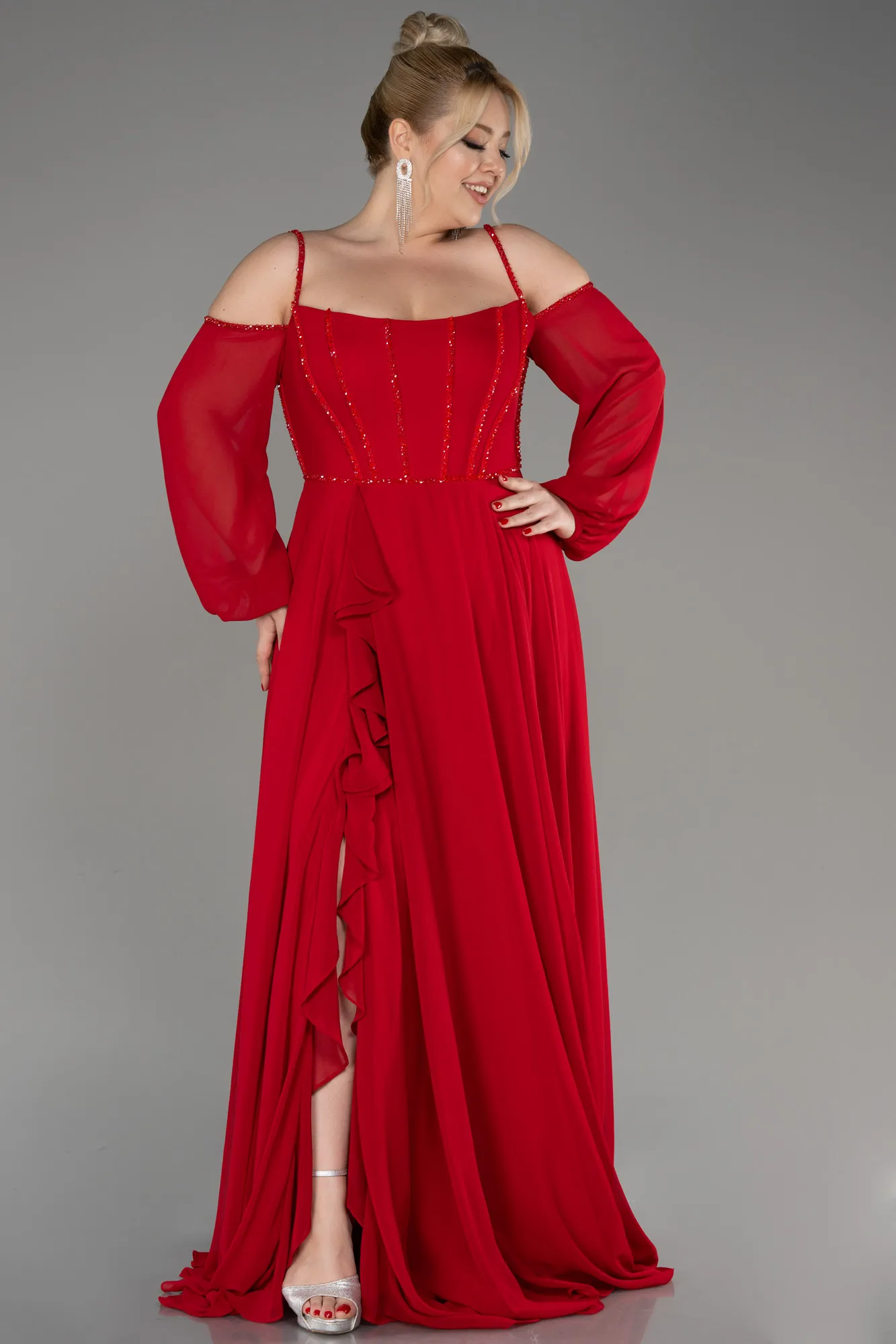 Red-Long Chiffon Slit Evening Dress ABU3915