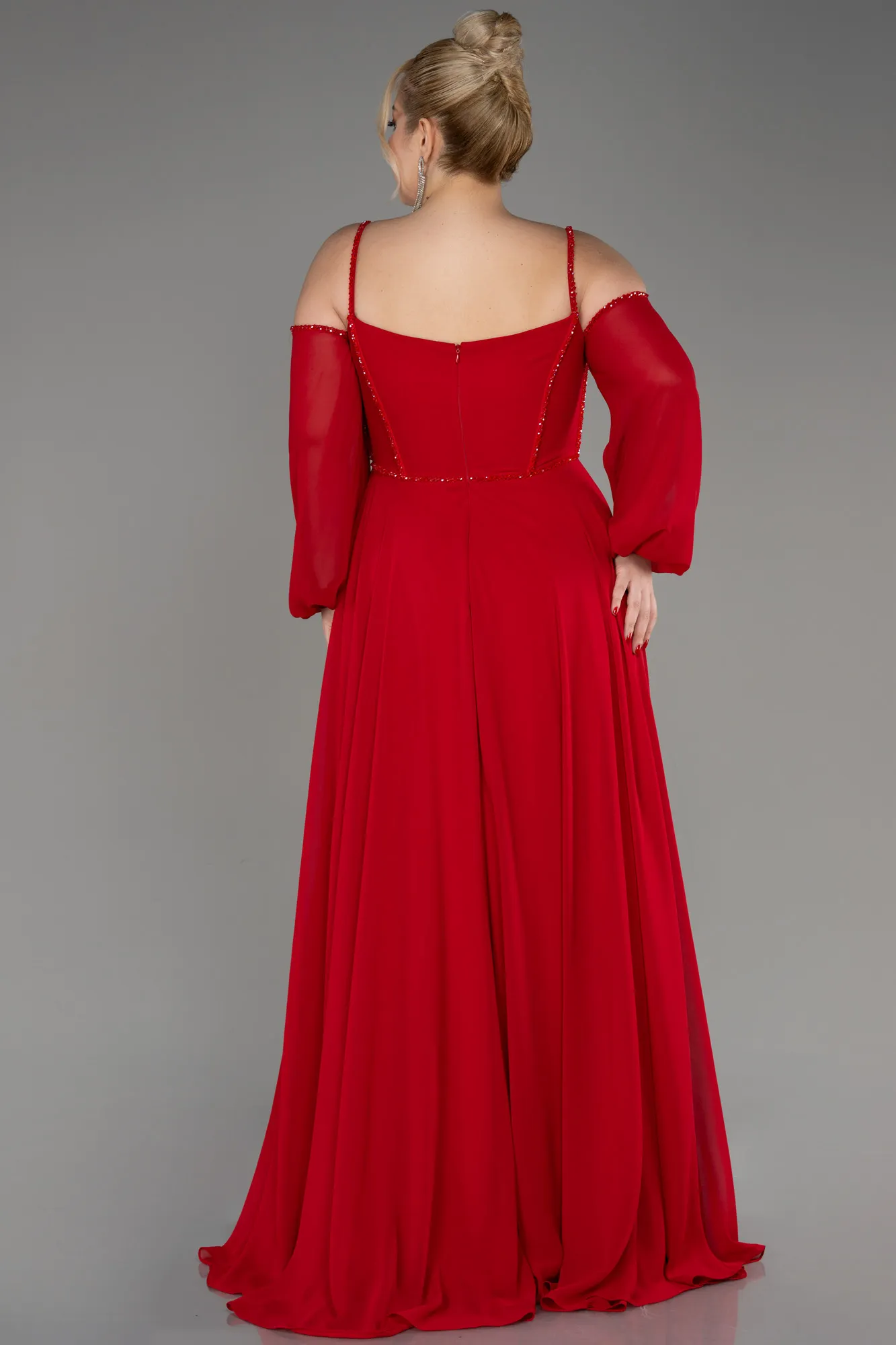 Red-Long Chiffon Slit Evening Dress ABU3915