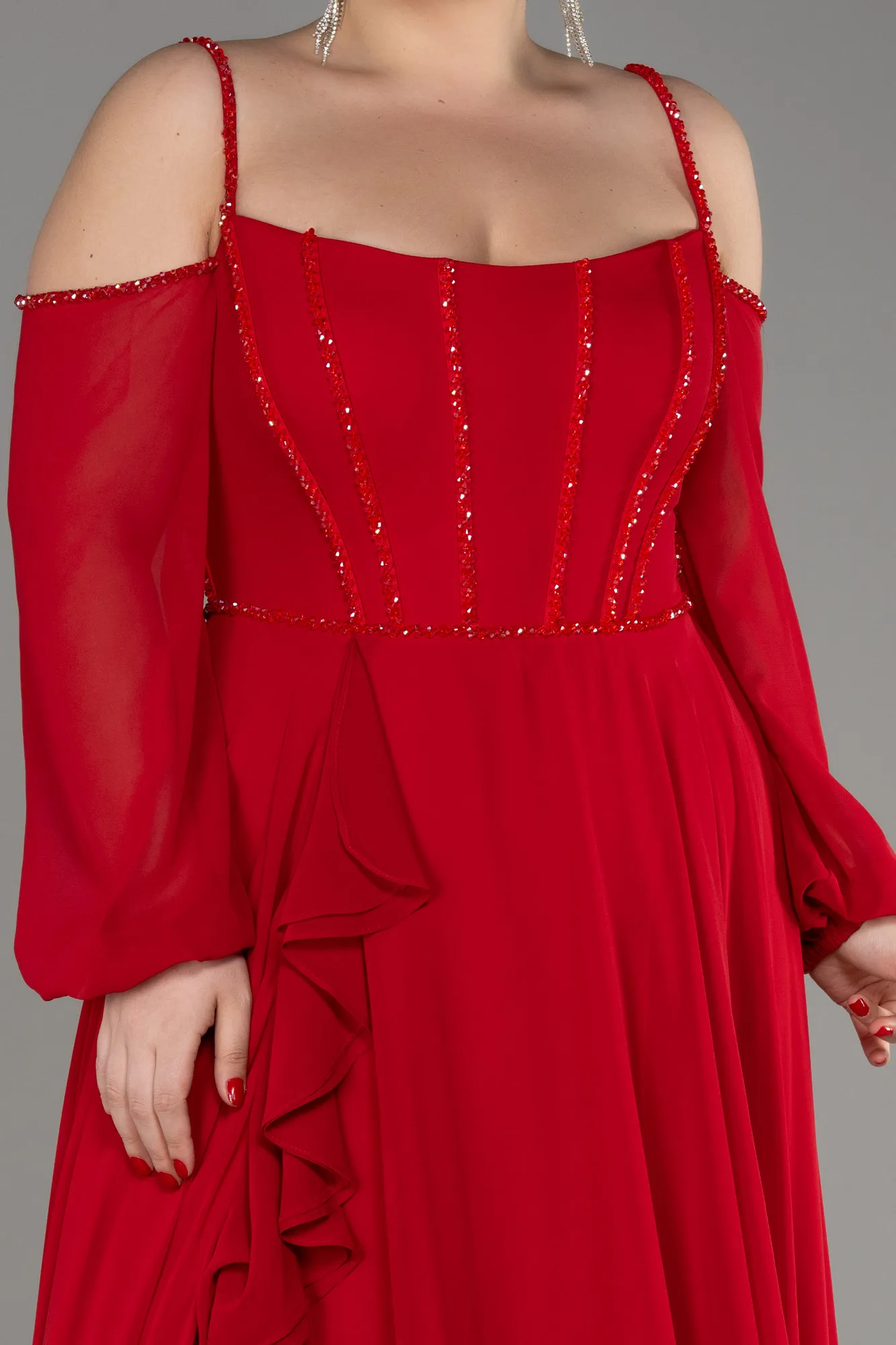 Red-Long Chiffon Slit Evening Dress ABU3915