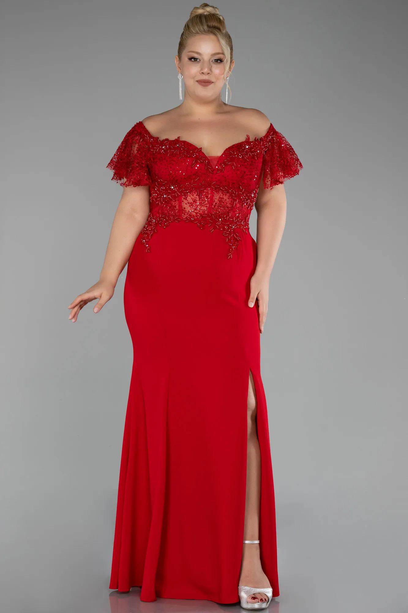 Red-Long Dantelle Plus Size Evening Dress ABU2571