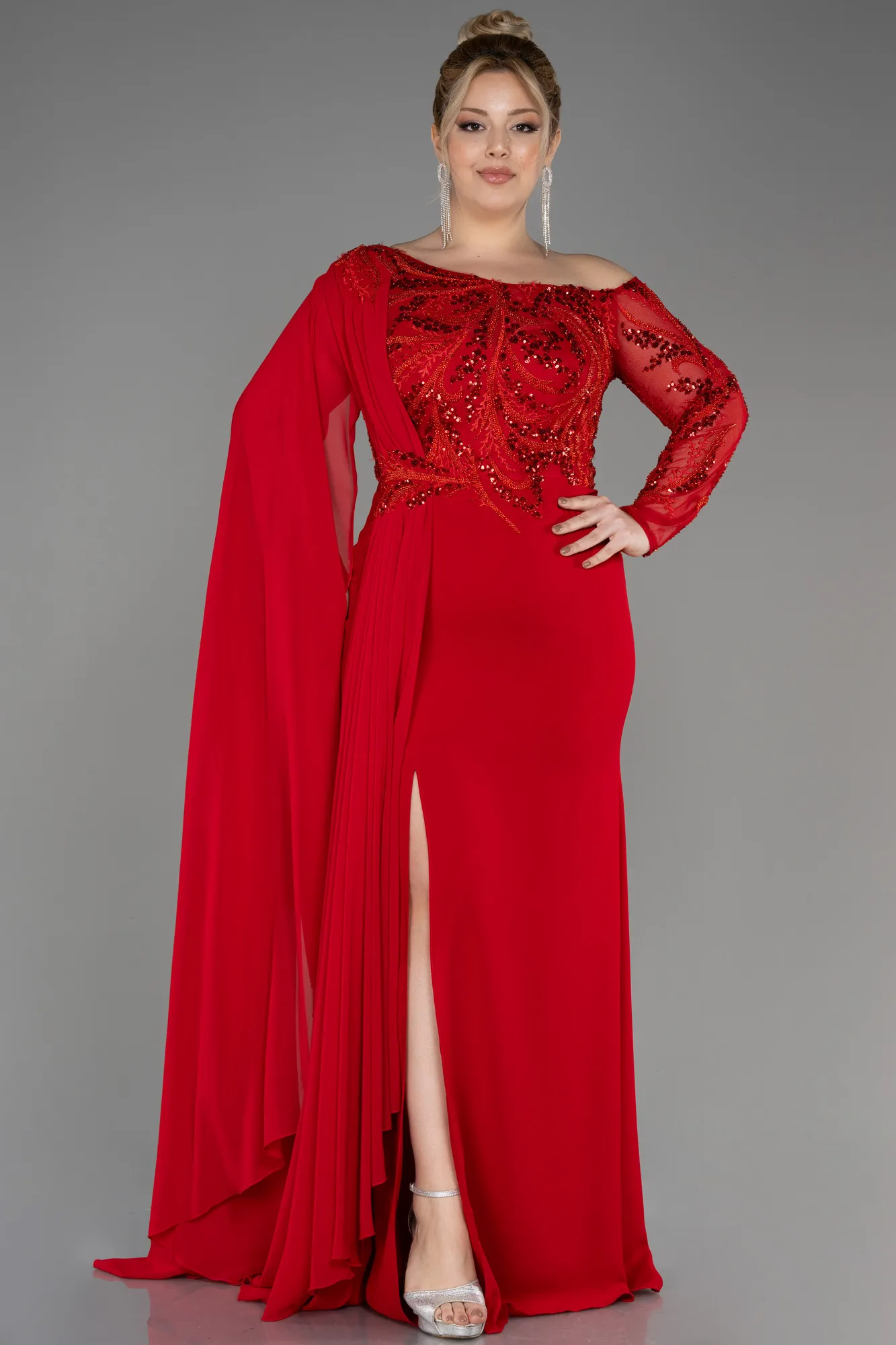 Red-Long Dantelle Plus Size Evening Dress ABU3512