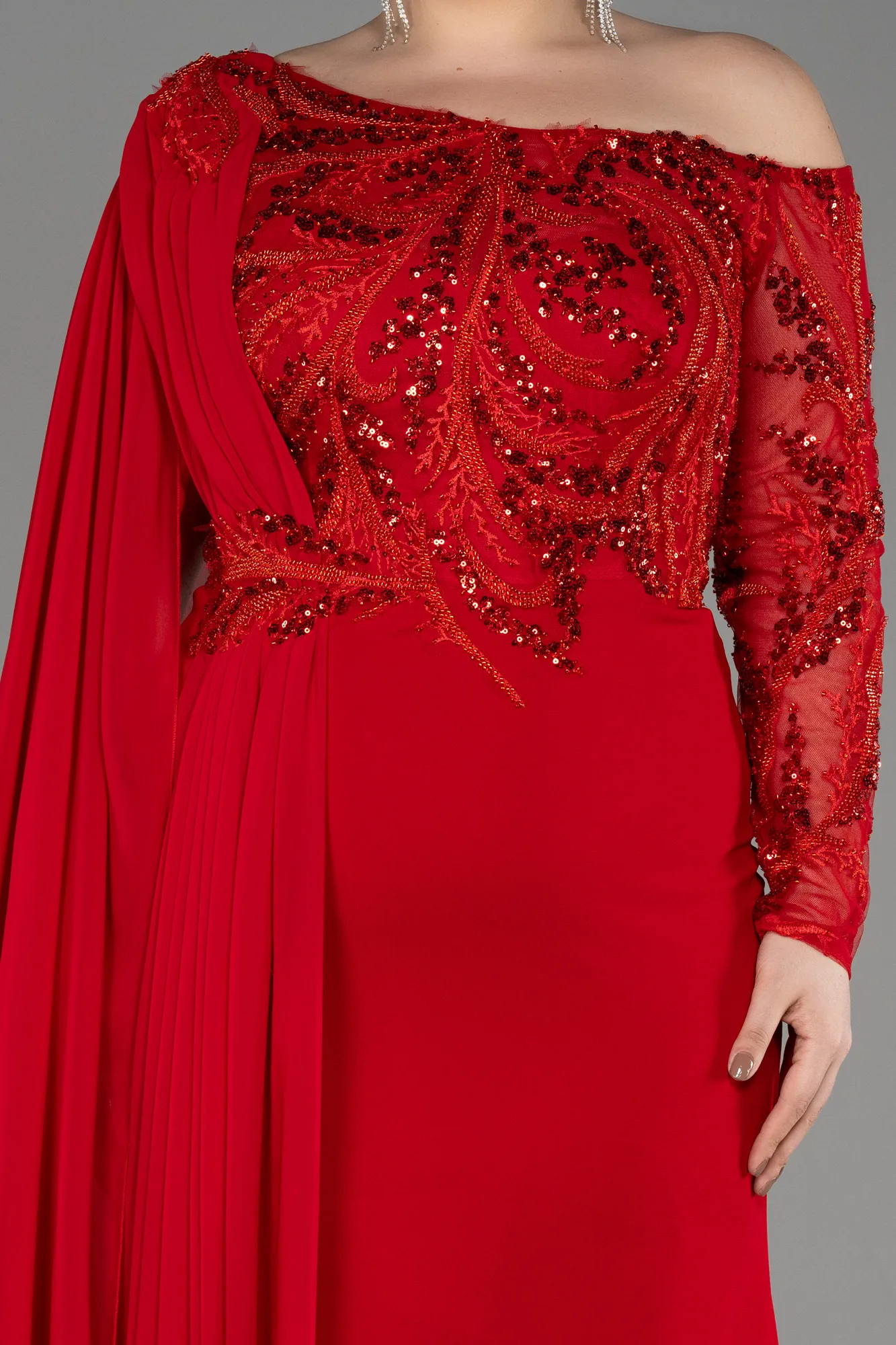 Red-Long Dantelle Plus Size Evening Dress ABU3512