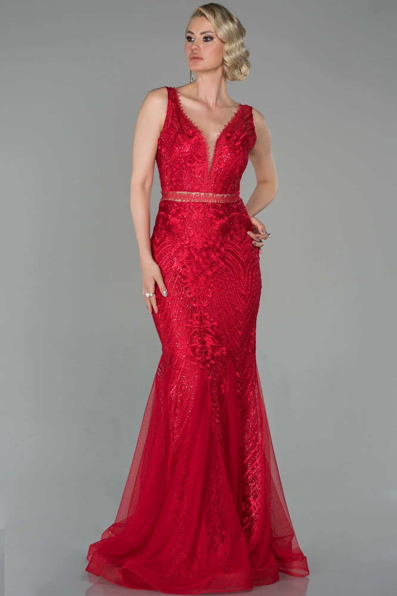 Red-Long Laced Evening Dress ABU1611