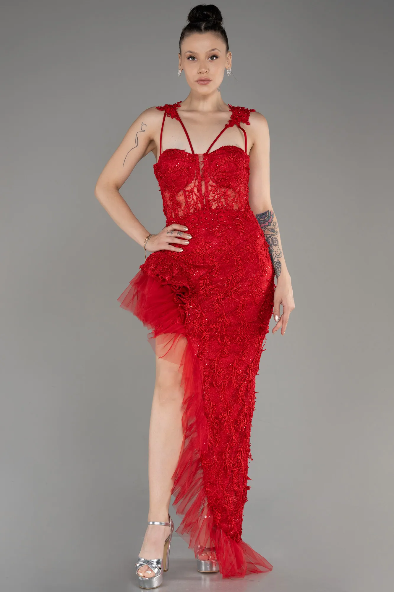 Red-Long Laced Evening Dress ABU4095