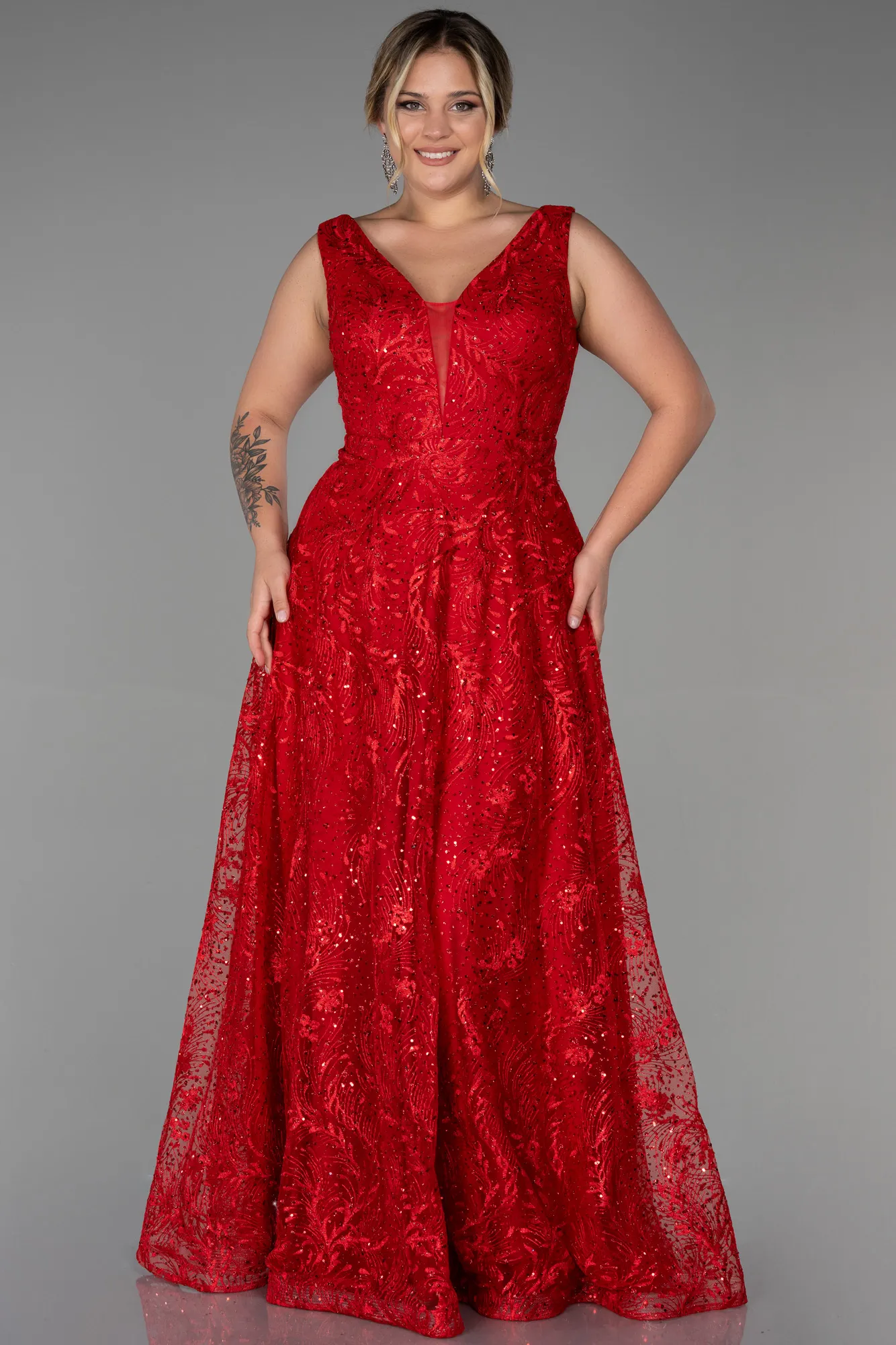 Red-Long Laced Plus Size Evening Dress ABU3287