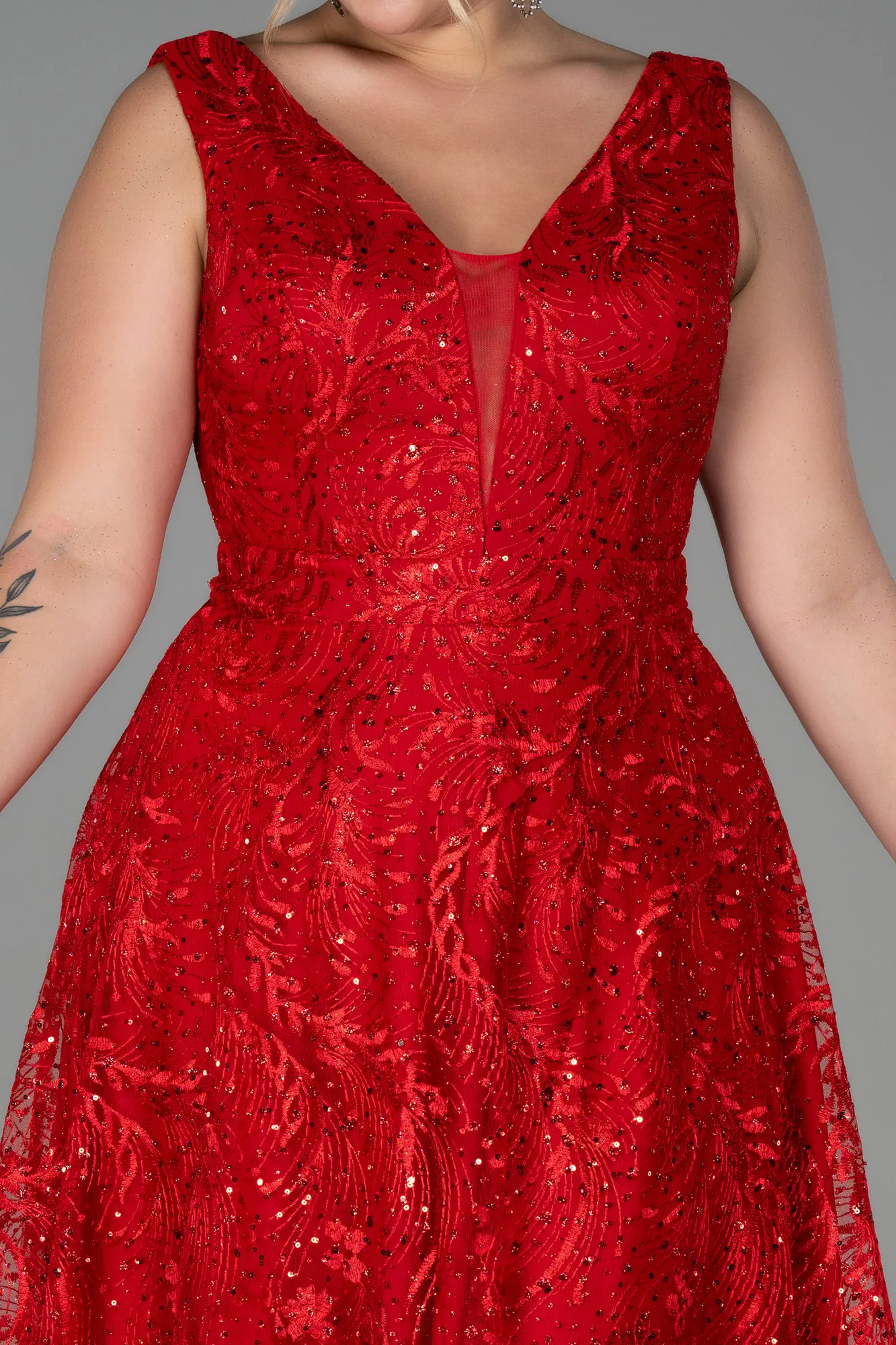 Red-Long Laced Plus Size Evening Dress ABU3287