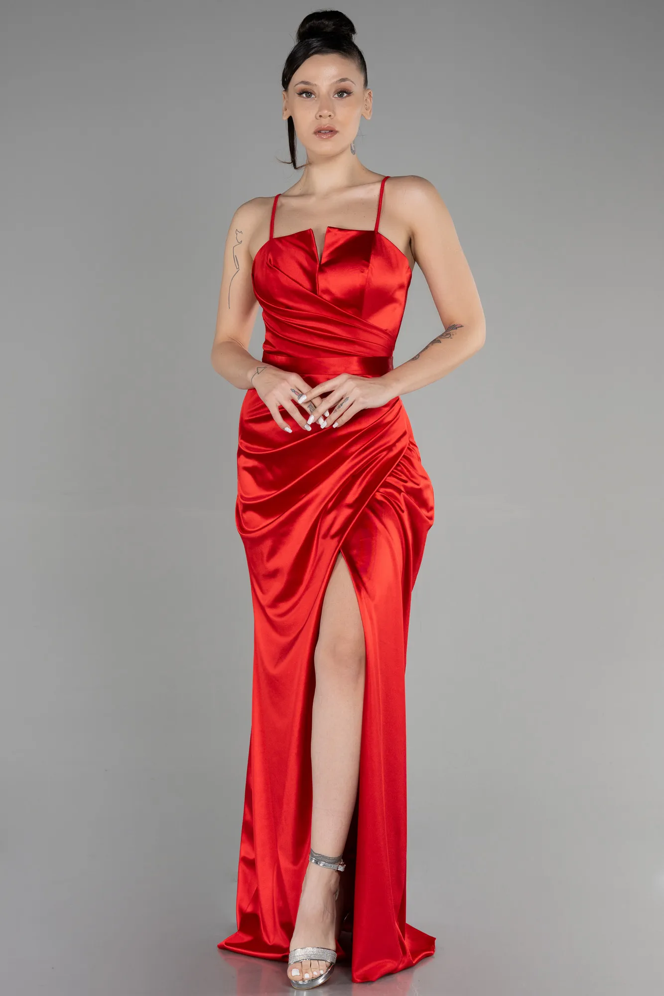 Red-Long Plus Size Graduation Dress ABU3481